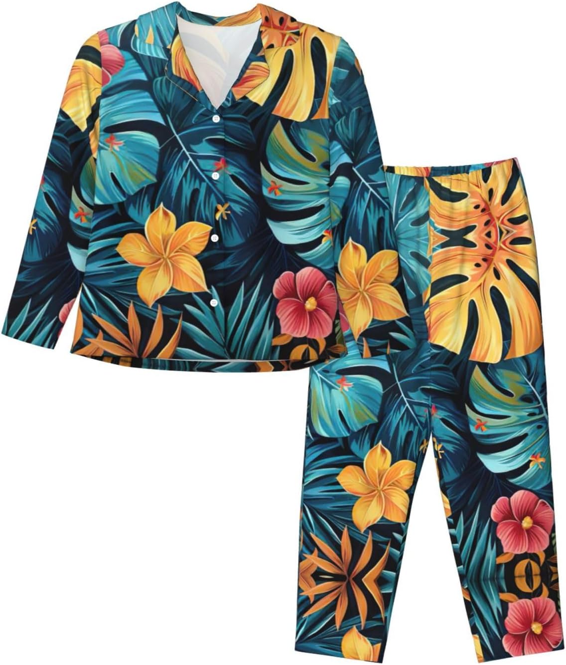 Hojas Tropicales Y Flores Print Christmas Pajamas For Women,Matching Pajama Sets,For Holiday And Thanksgiving