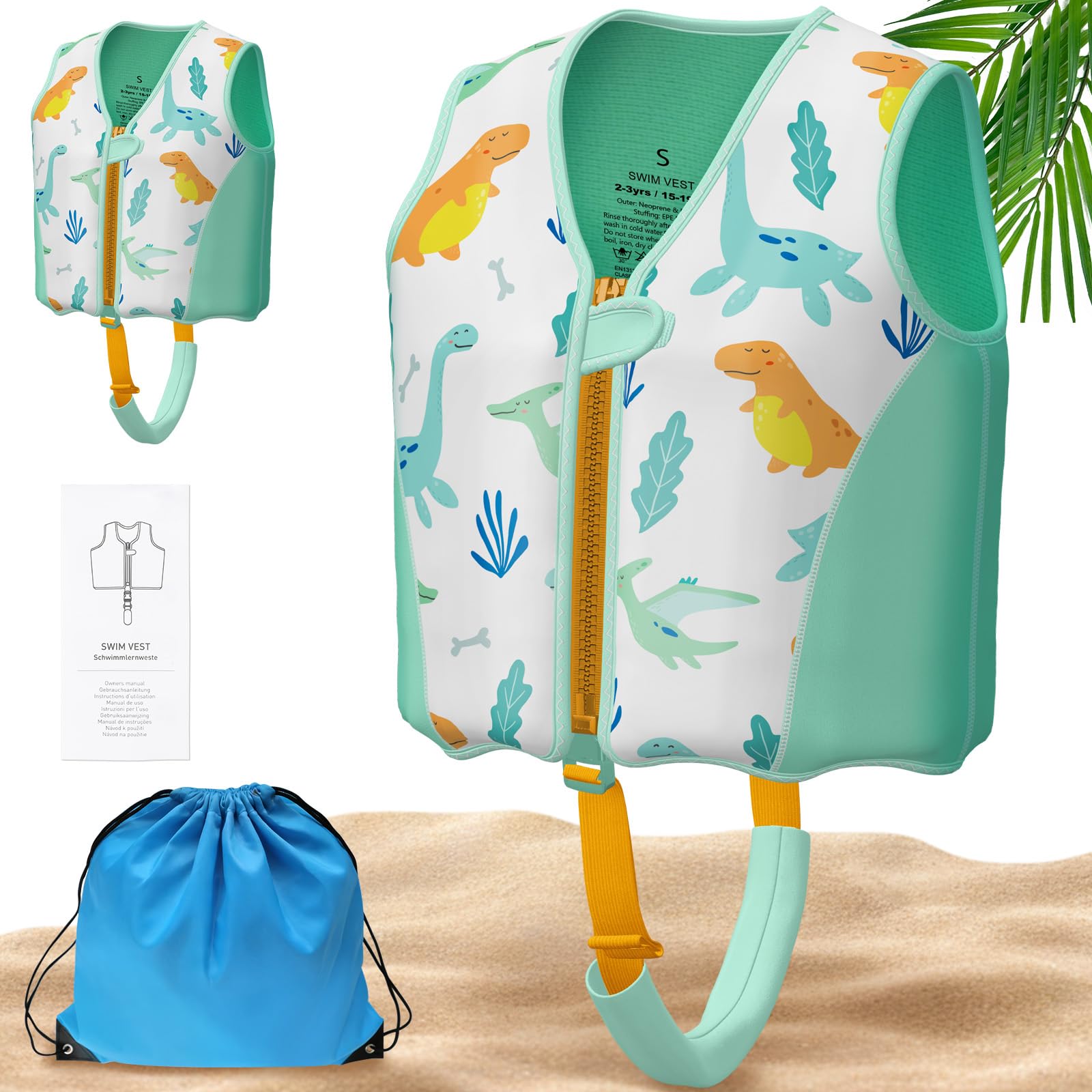 Parner Schwimmweste Kinder für 2–6 Jahre (15-30 kg), Kinder Schwimmhilfe mit Variablen Auftriebskörpern, weicher Neopren - Komfort, mit Transportbeutel,Beingurt und langem Reißverschluss