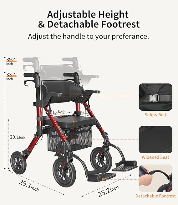 VOCIC Z51 Walker for Seniors, 2 in 1 Walker Wheelchair Combo, All Terrain