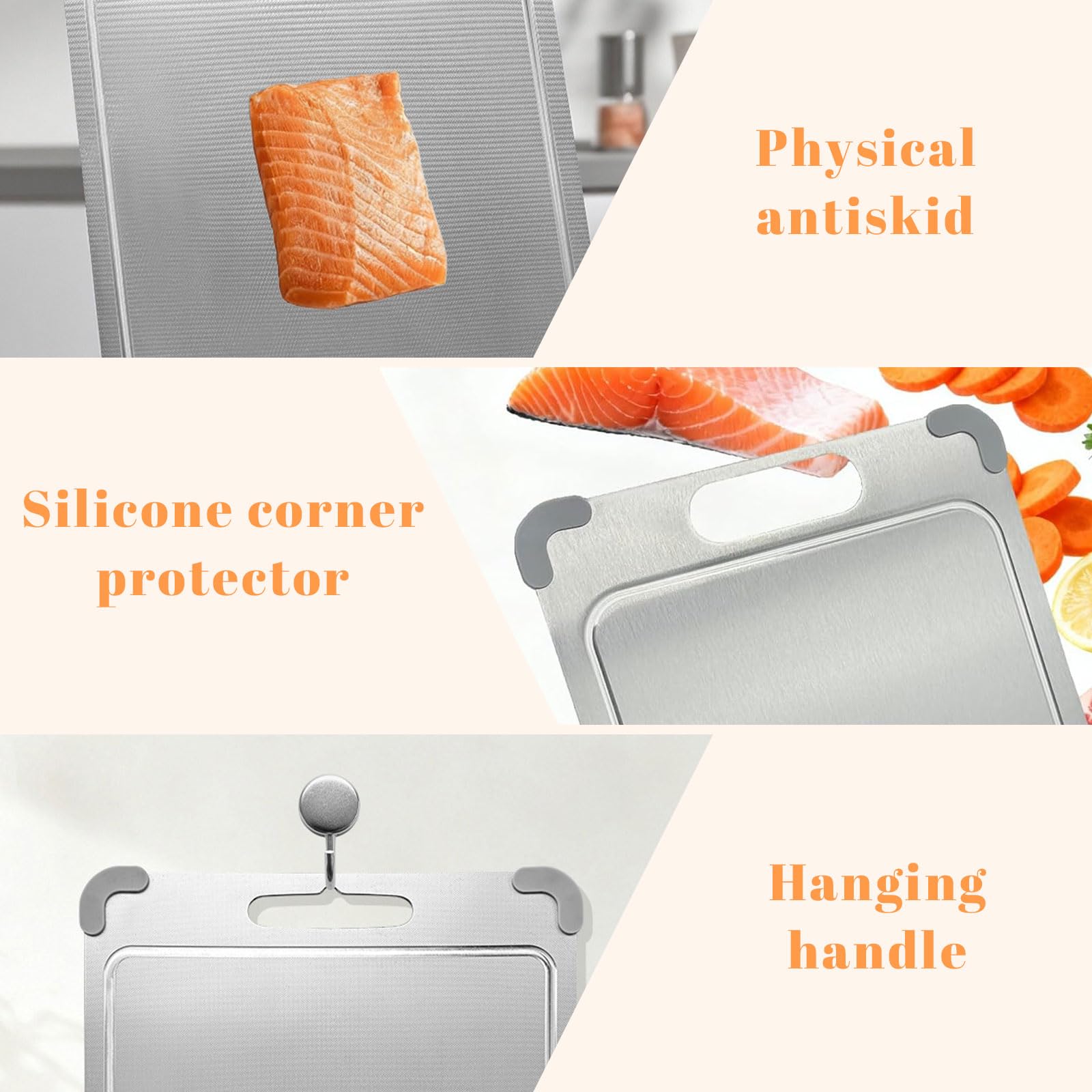 Tabla de Cortar de Acero Inoxidable y PP, Uso Doble Cara y Antibacteriano, 36.5x25cm Antideslizante, Amigable con Cuchillos con Canal de Jugo y Mango, Libre de BPA Apto para Alimentos