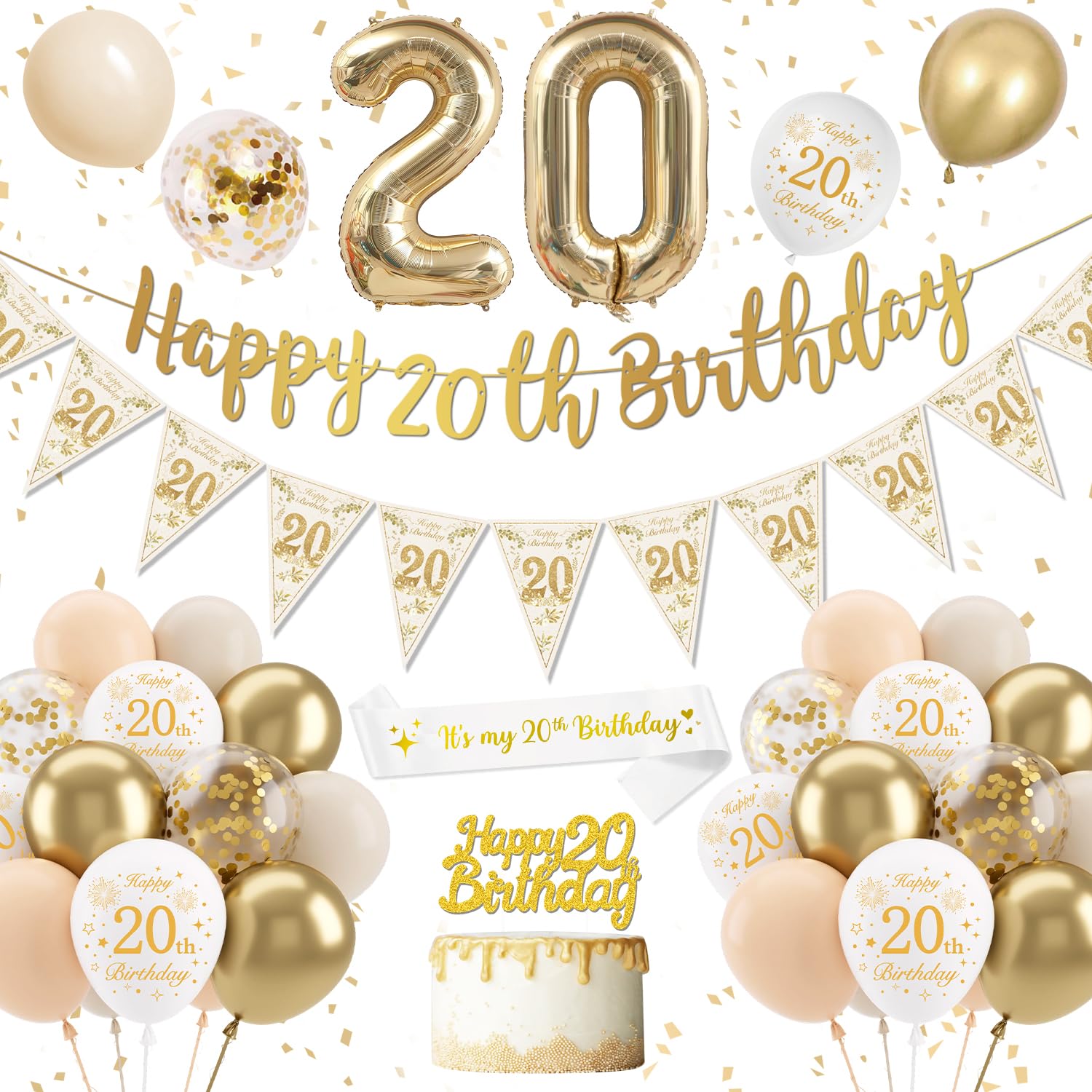 20th Birthday Decoration for Women Men - Gold Happy Birthday Banner, Sand White Balloons, Confetti Latex Balloons, Cake Topper for Party Decorations