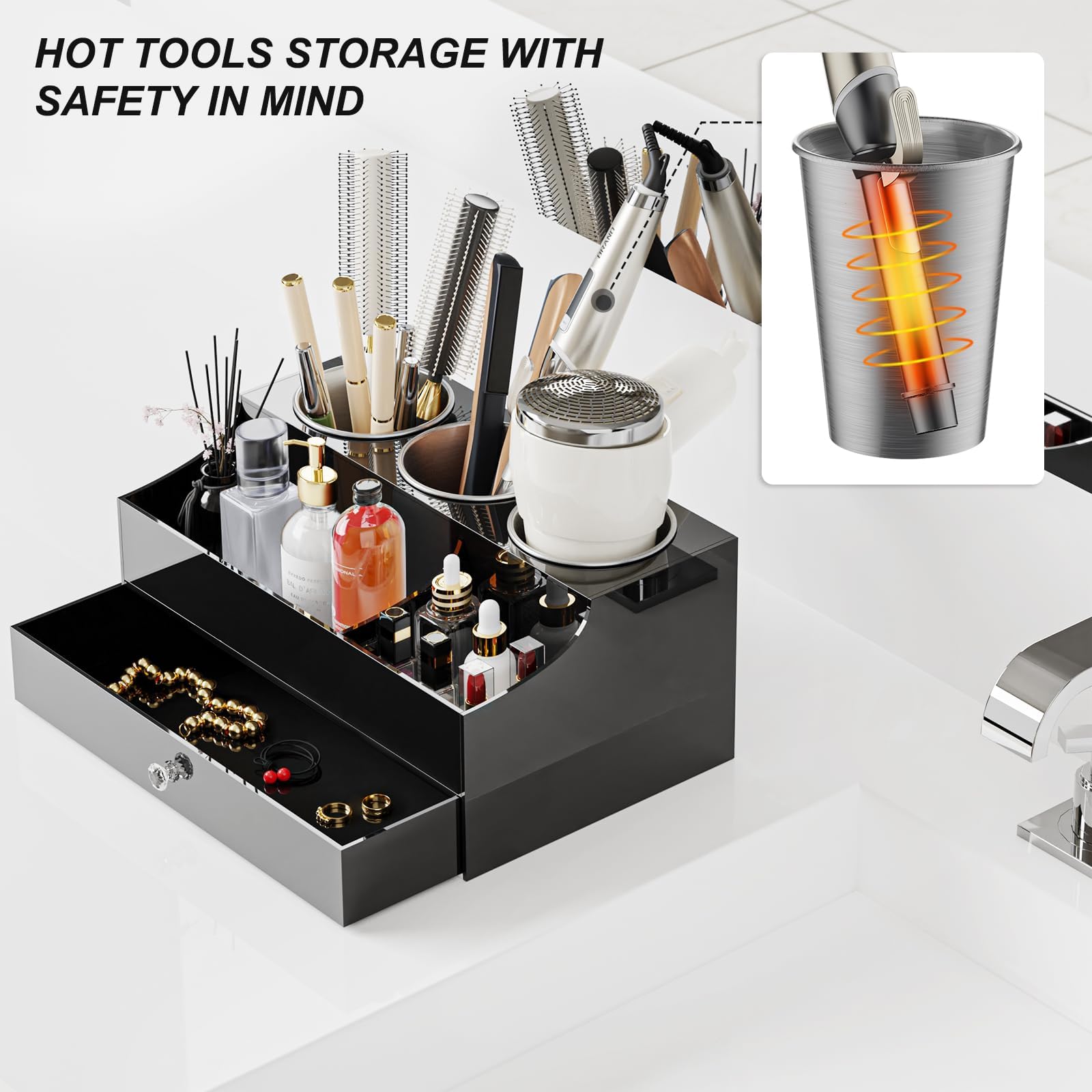 Haar-Werkzeug-Organizer, Acryl-Haartrockner-Halter für Glätteisen und Lockenwickler, Badezimmer-Schminktisch-Arbeitsplatten-Organisation für Make-up-Zubehör (schwarz)