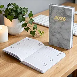 2026 Planner A6 Grey - Thick Paper PU Leather Hardcover, Weekly/Monthly/Daily Calendar, 120 Pages, Jan 2026-Dec 2026, 6.92" x 3.74", Back to School Supplies for Student Teacher A3