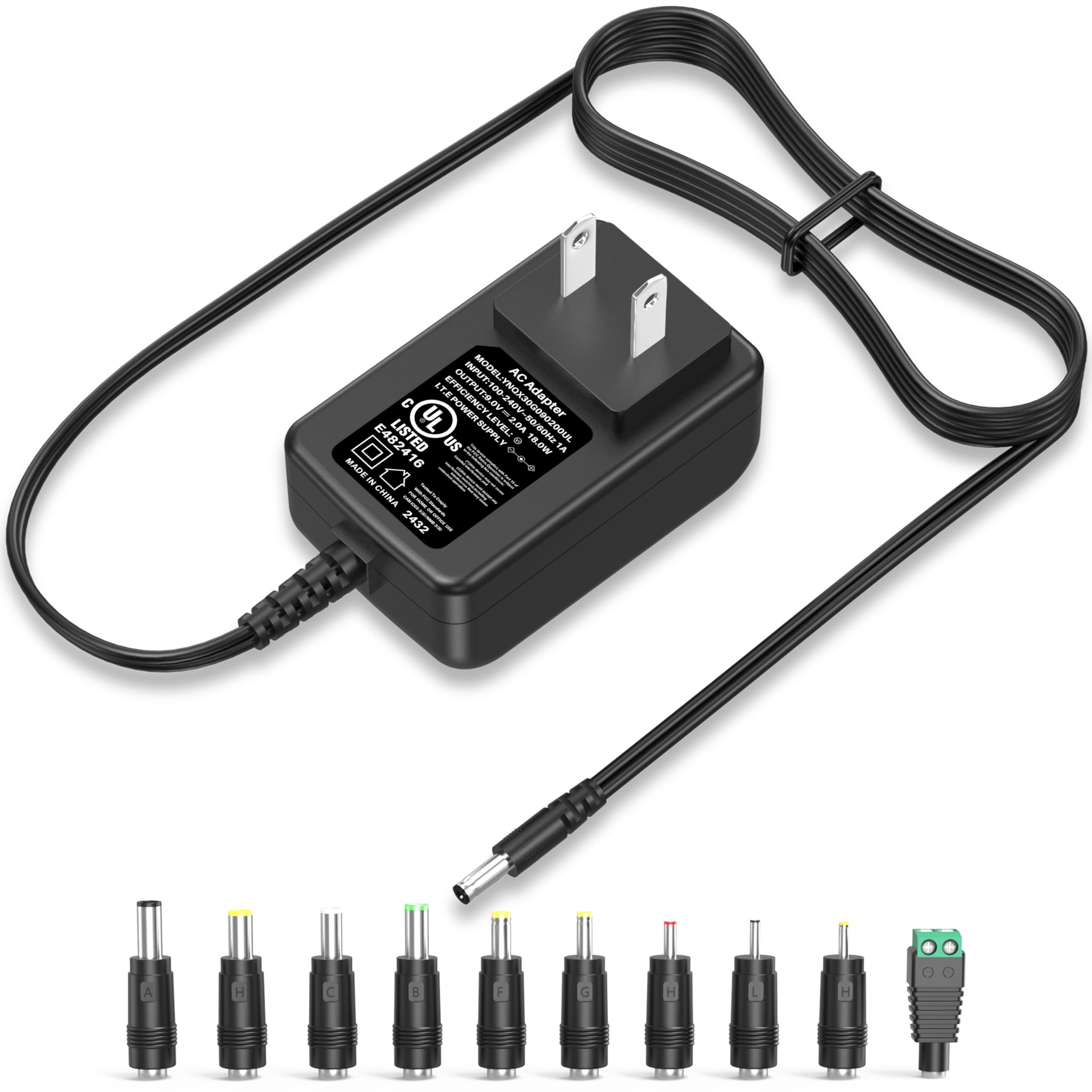 UL Listed 18W 9V 2A 1A AC to DC Power Adapter Multi Tips Replacement Wall 9 Volt 1.5A 2.0A 2000mA 1500mA Switching Power Supply Regulated Power Cord for 9.0V 1000mA DC Charger Transformer