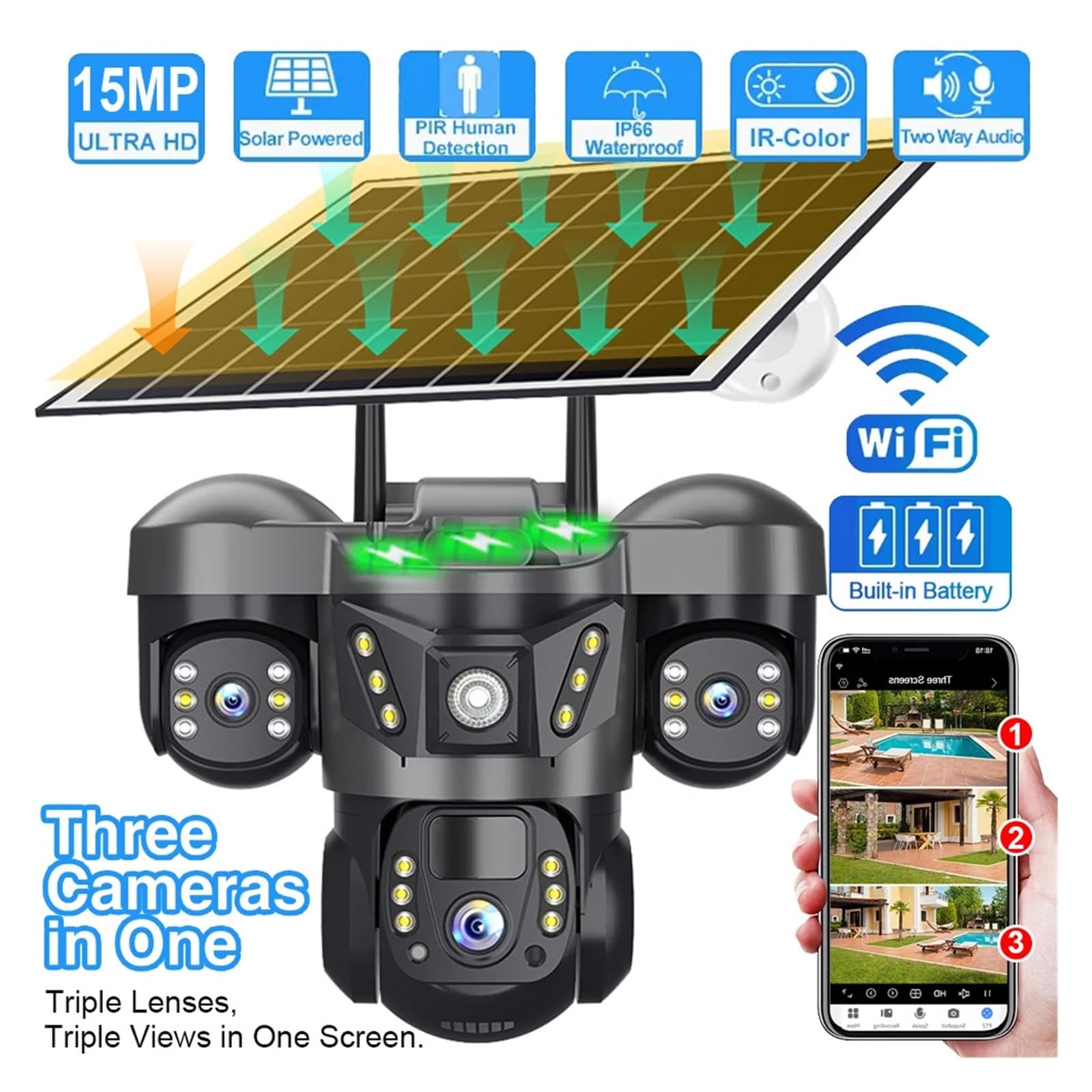 Kamera bezpieczeństwa, 6MP Triple Lenses WiFi Solar Camera PIR Human Detection Night Vision Waterproof Security CCTV Camara Battery Video Monitor(WIFI Camera)