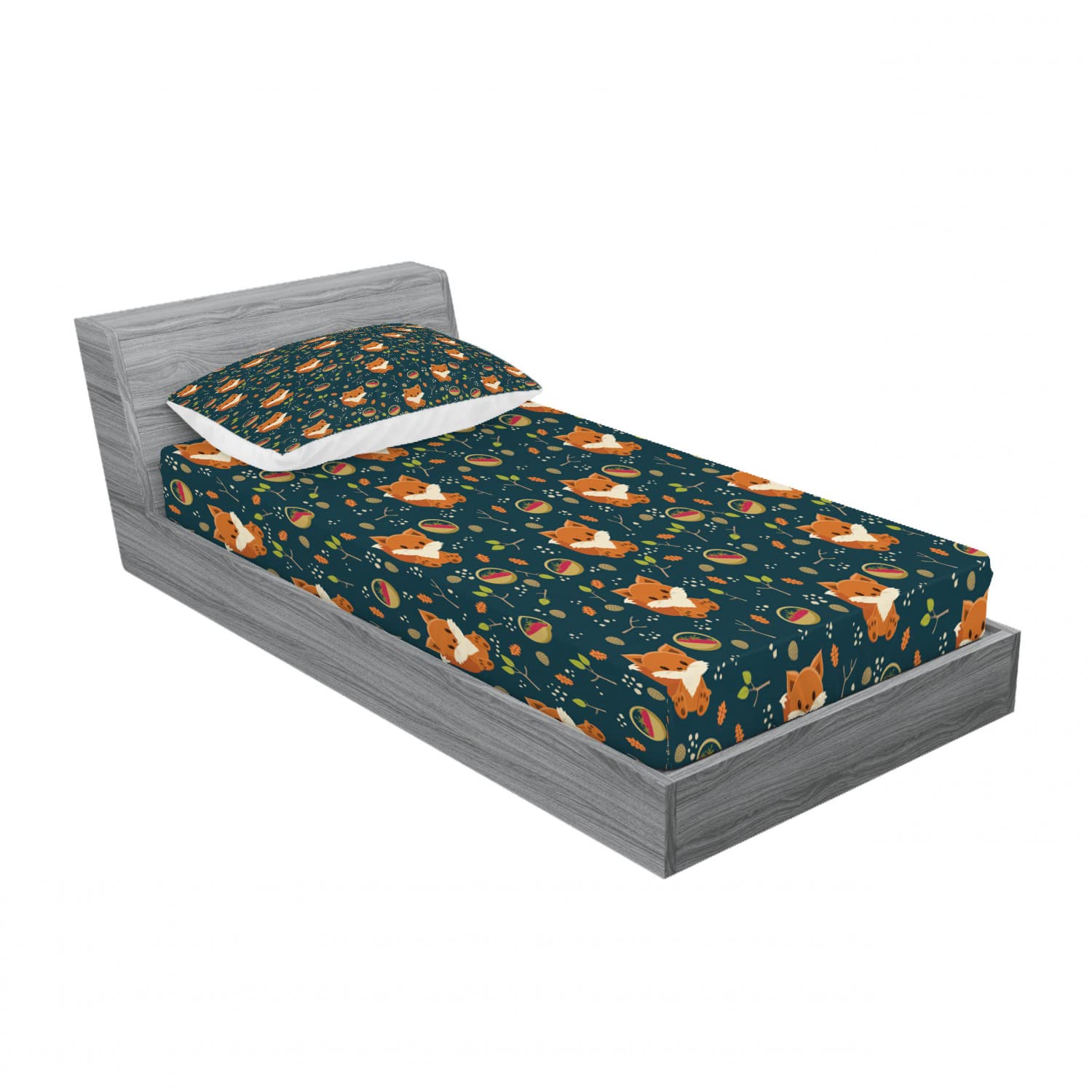 Ambesonne Pine Cone Fitted Sheet & Pillow Sham Set, Fox with Basket of Raspberry Leaf Herbs Forest Animal Cartoon, Decorative Printed 4 Piece Bedding Decor Set, Twinxl, Multicolor