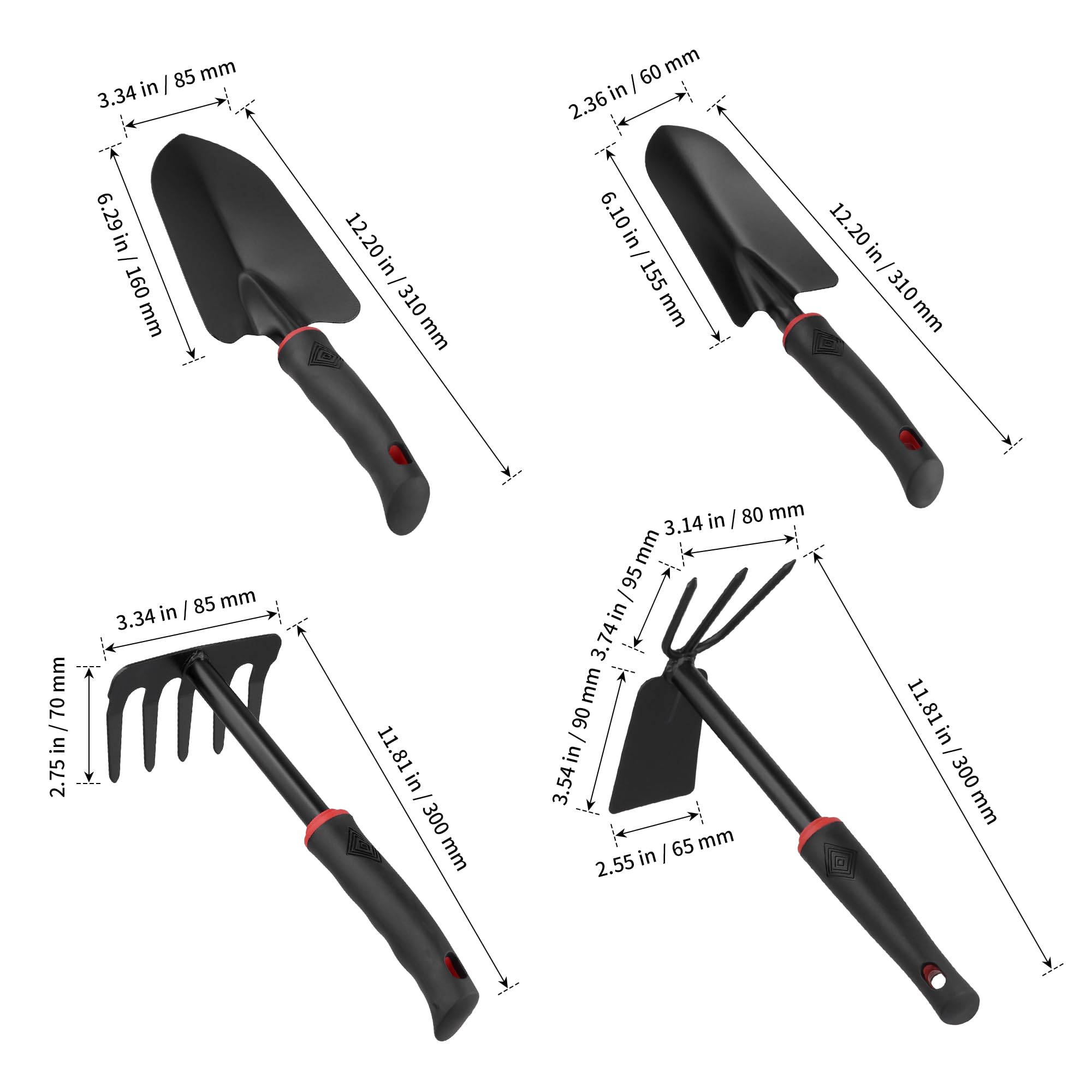 4-teilig Gartenwerkzeug Set, Schwarz Gartenschaufel Klein 2-in-1 Hacke 5-Zinken Rechen Gartengeräte, Gartenarbeit Set Zubehör für Gartenarbeit Strandausflüge als Geschenke