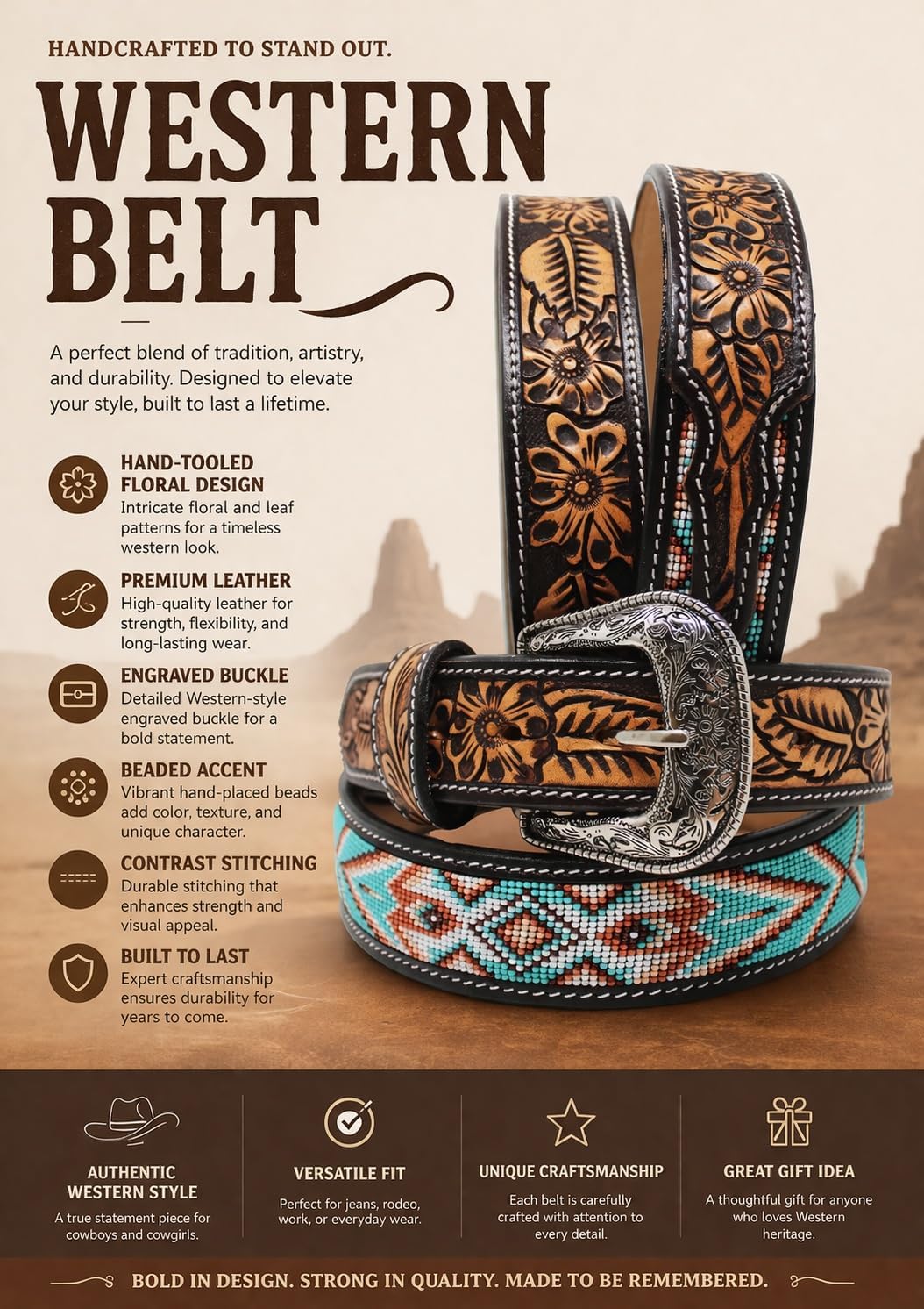 CHALLENGER Unisex 1.5" Western Floral Tooled Beaded Full-Grain Leather Belt 26RT41B