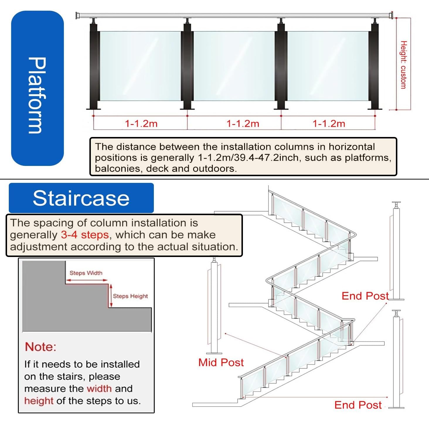 Palo ringhiera in acciaio inox 304 nero, 70 cm, resistente, per balcone, terrazza, piscina, giardino, angolo interno/esterno, palo ed elegante soluzione per recinzioni