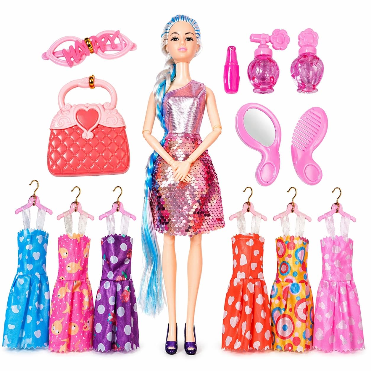 Fashion Doll Set for Girls 2+ Years, Baby Girl Gift Toy with 6 Dresses & Accessories, Dress Up Princess Doll with Comb, Mirror & Handbag, Birthday Gift for Toddler Girls-image-34