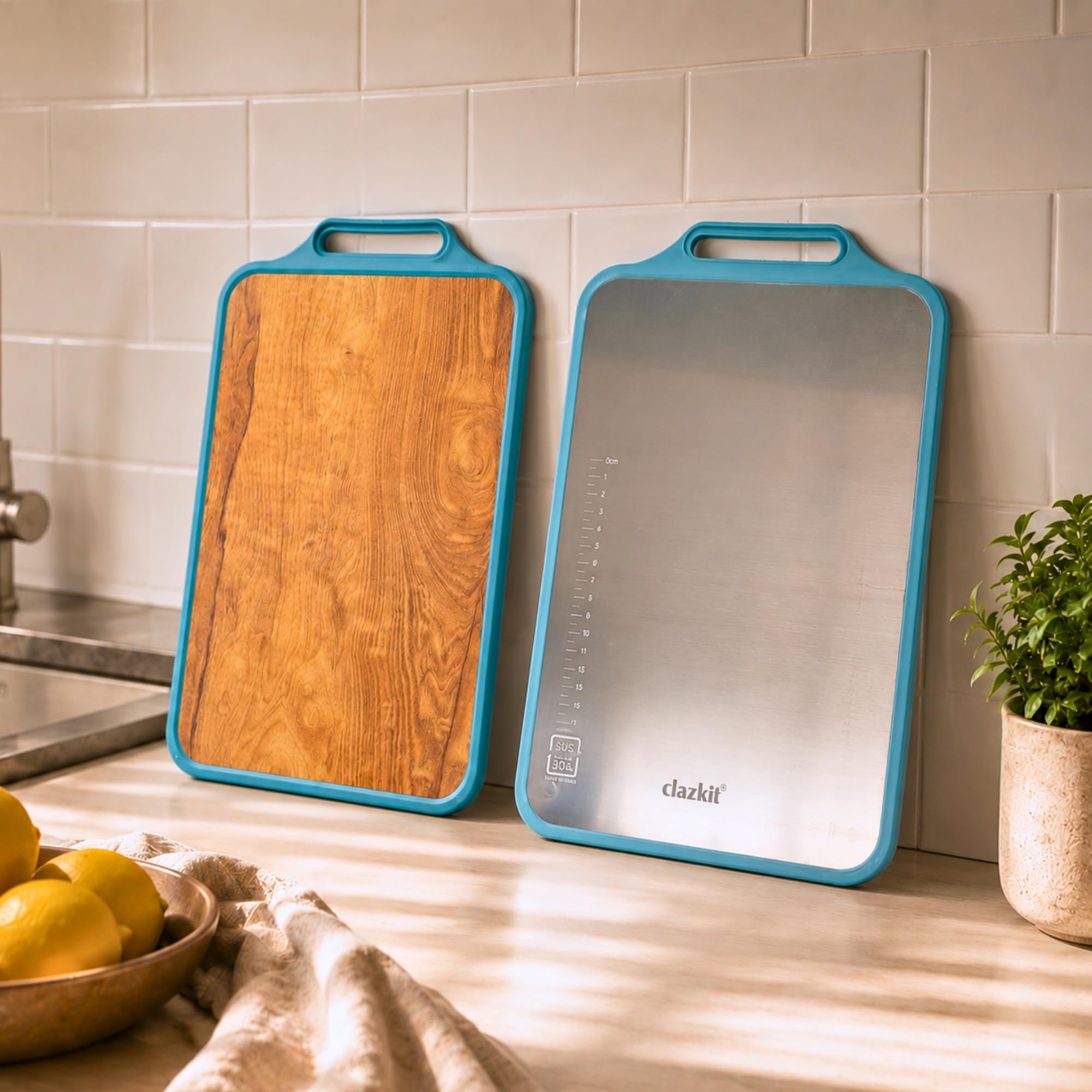 Clazkit Stainless Steel & Wooden Dual Side Chopping Board with Handle | Food-Grade Stainless Steel & Natural Wood | Durable Kitchen Chopping Board for Vegetables, Fruits (36.5 x 23 x 0.1cm)-image-15