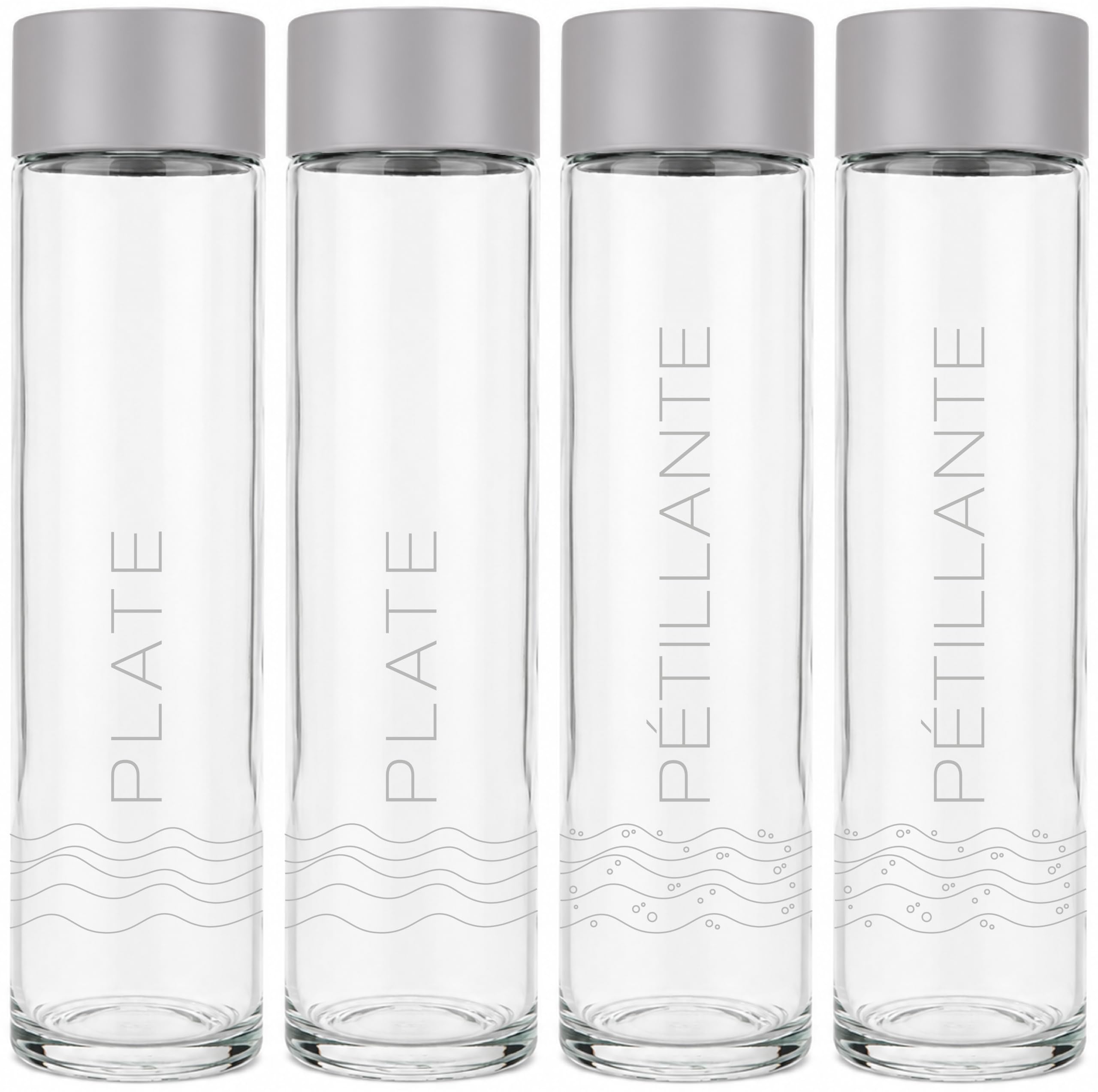 Lot de 4 Bouteilles en Verre Modèle Cilindro, 1 Litre, Sérigraphie 2 PLATE et 2 PÉTILLANTE, Bouchon à Vis couleur Argent | Bouteille Verre Eau