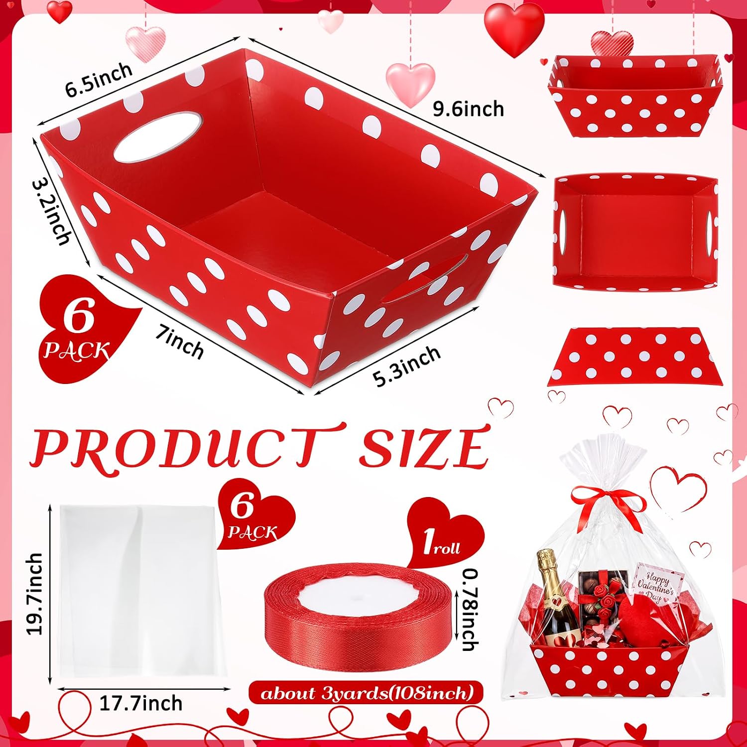 Fullhawl 6 Pack Valentines Basket for Gifts Empty with Cellophane Bag Red Gift Basket Set Market Tray Cardboard with Handles Ribbon for Valentine's Wedding Birthday Party Wrapping, 9.8 x 6.5 Inch
