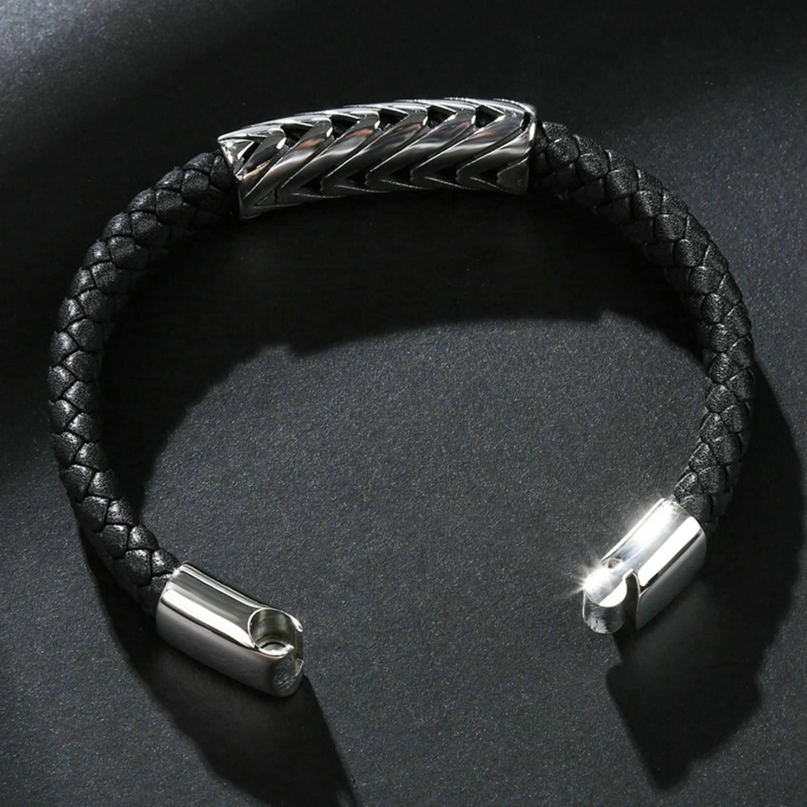 Pulsera para Hombre de Acero Inoxidable, Pulsera para Hombre, Pulsera de Cuero Trenzado con patrón de Flechas, 16,5 cm de Longitud, Pulsera Vintage, joyería
