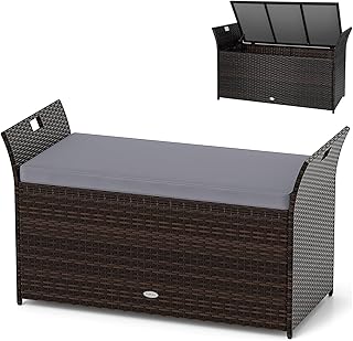 RELAX4LIFE Wicker Outdoor Storage Bench - 68 Gallon Rattan Deck Box w/Si...