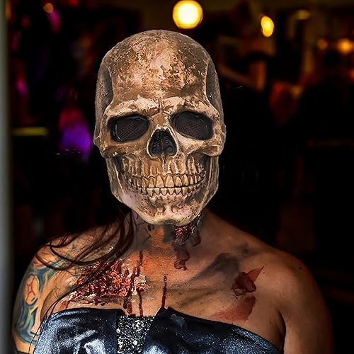 Miniatura 8 de CosTribe Máscara espeluznante de calavera de cabeza completa con mandíbula móvil para Halloween, casco de látex aterrador para accesorios de fiesta