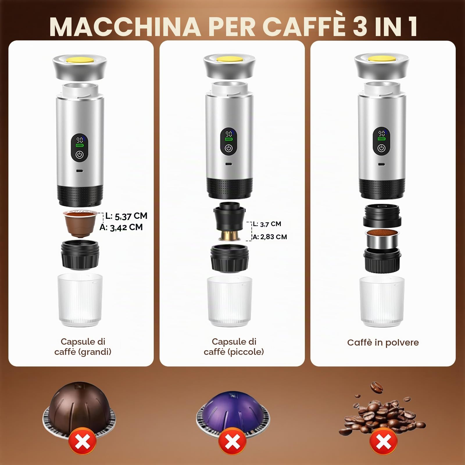 Caffettiera Portatile Riscaldamento Rapido 80ml 20 Bar (Argento) | Display Intelligente Temperatura Compatibile Cialde & Caffè Macinato, 7500mAh USB-C, Ideale per Viaggi & Ufficio