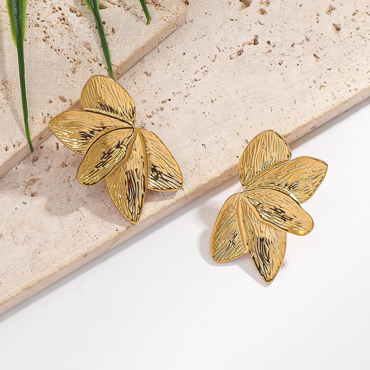 Gold Statement Flower Leaf Earrings for Women, 18K Gold Plated Stainless Steel Large Stud Earrings, Lightweight Angel Wing Design, Holiday & Christmas Gift Jewelry - Image 6