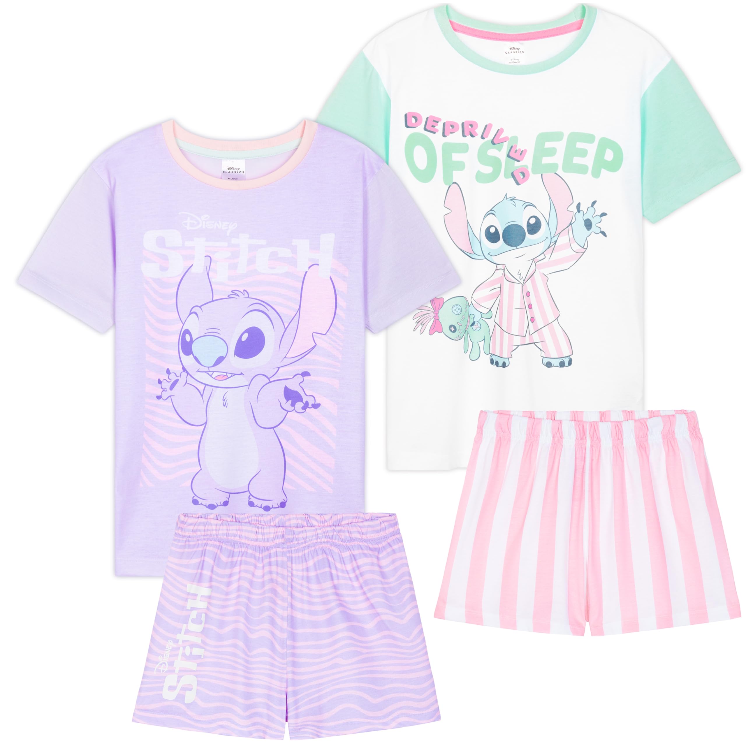 Get Trend Disney Stitch PJs Girls 2 Pack Short Sleeve Pyjamas Set Teens Lounge Sets Nightwear Soft Sleepwear Girls Gifts (13-14 Years, Multi Stitch, 2)