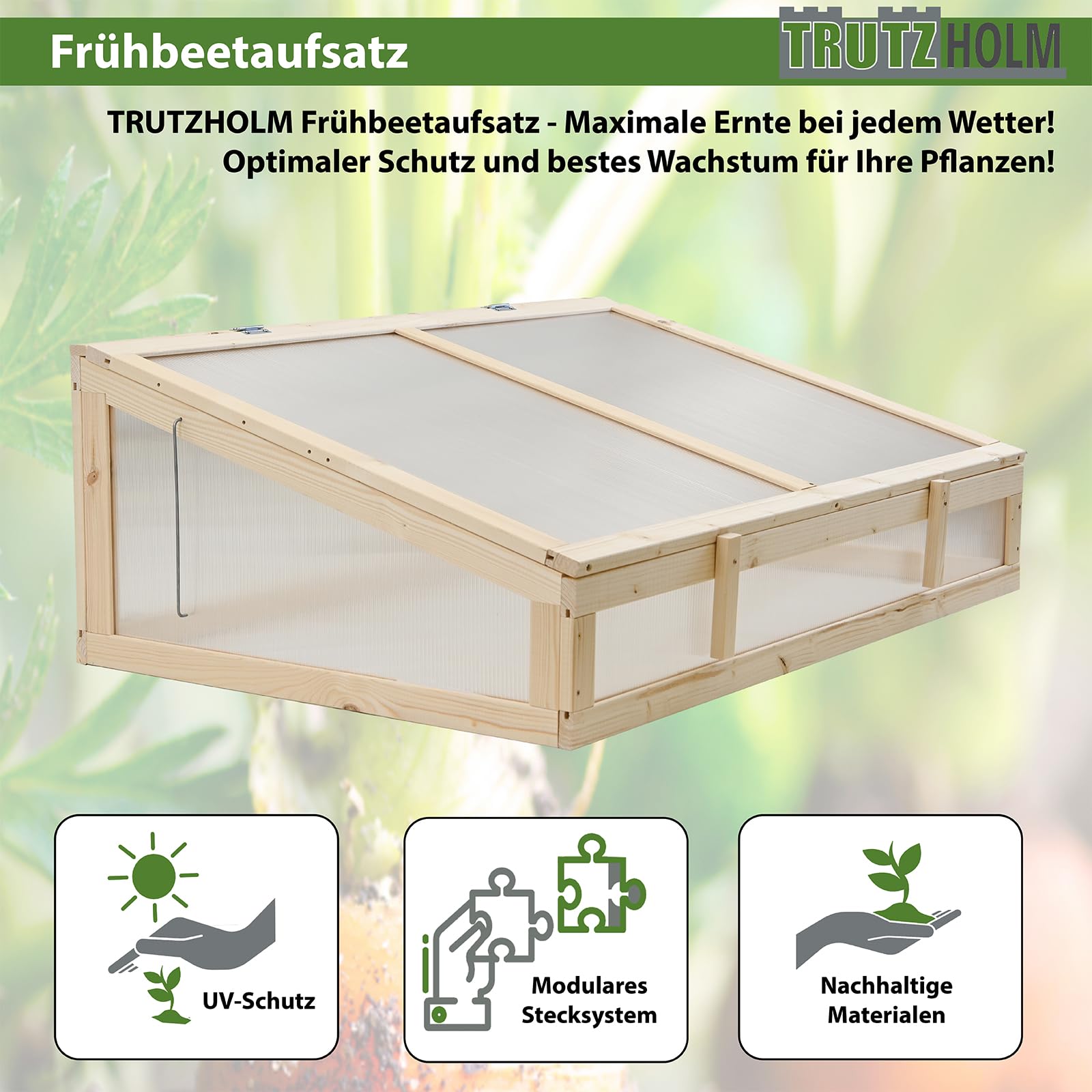 TRUTZHOLM Frühbeetaufsatz aus Massivholz 120x80x40 cm Frühbeetkasten mit verschließbarem Deckel Gewächshaus für Hochbeet 120x80 cm Beete Mini Gewächshaus Pflanzkasten (Natur)