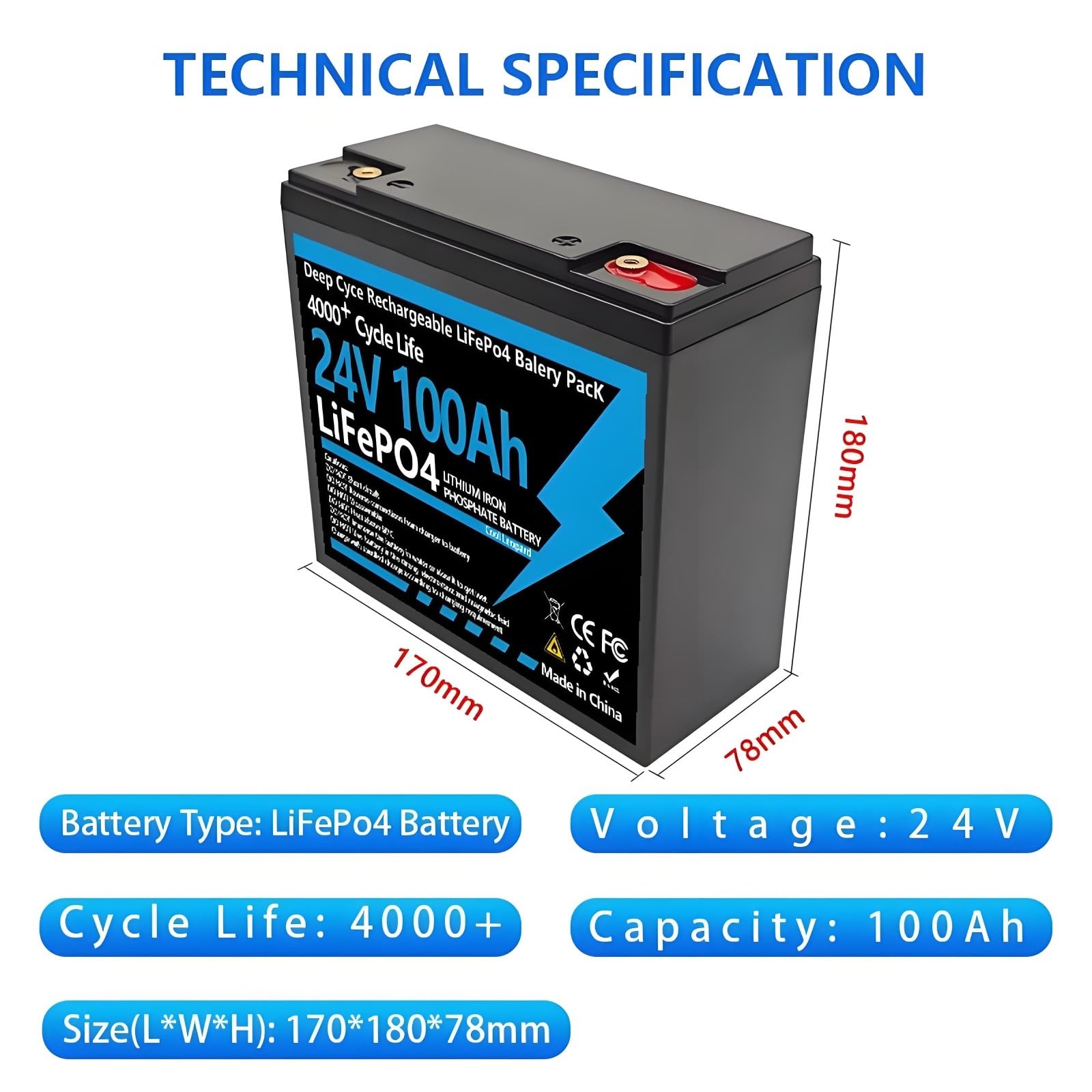 Batteria LiFePO4 24V 100Ah Pacco Litio Per Camper Sistema Solare Campeggio Accumulo Energia Progetti Fai Da Te 6000 Cicli Celle Grade A Con BMS 100A Integrato Scocca ABS 2400Wh