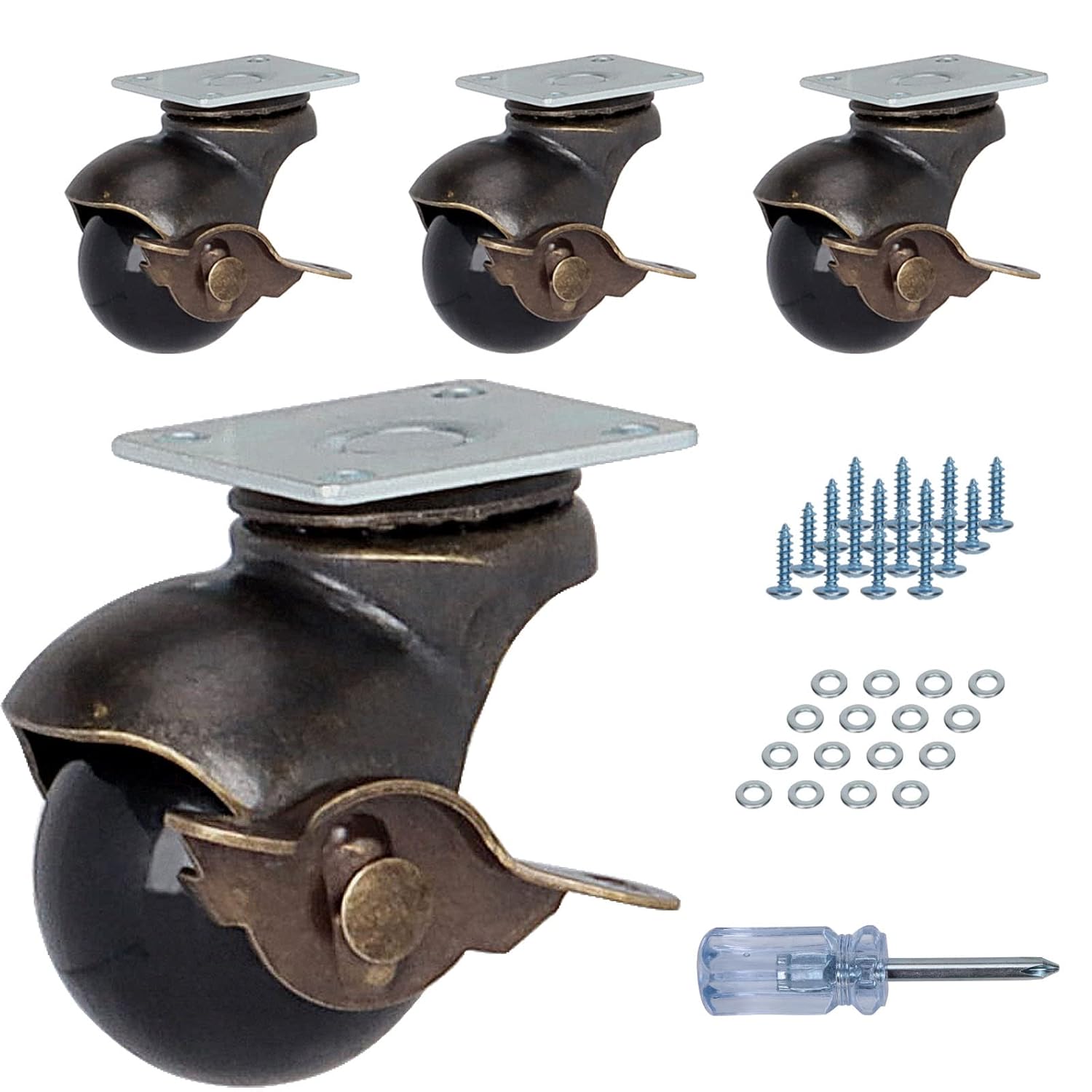 1.5" Ball Casters Wheels with Brakes for Stands Top Plate Antique Brass