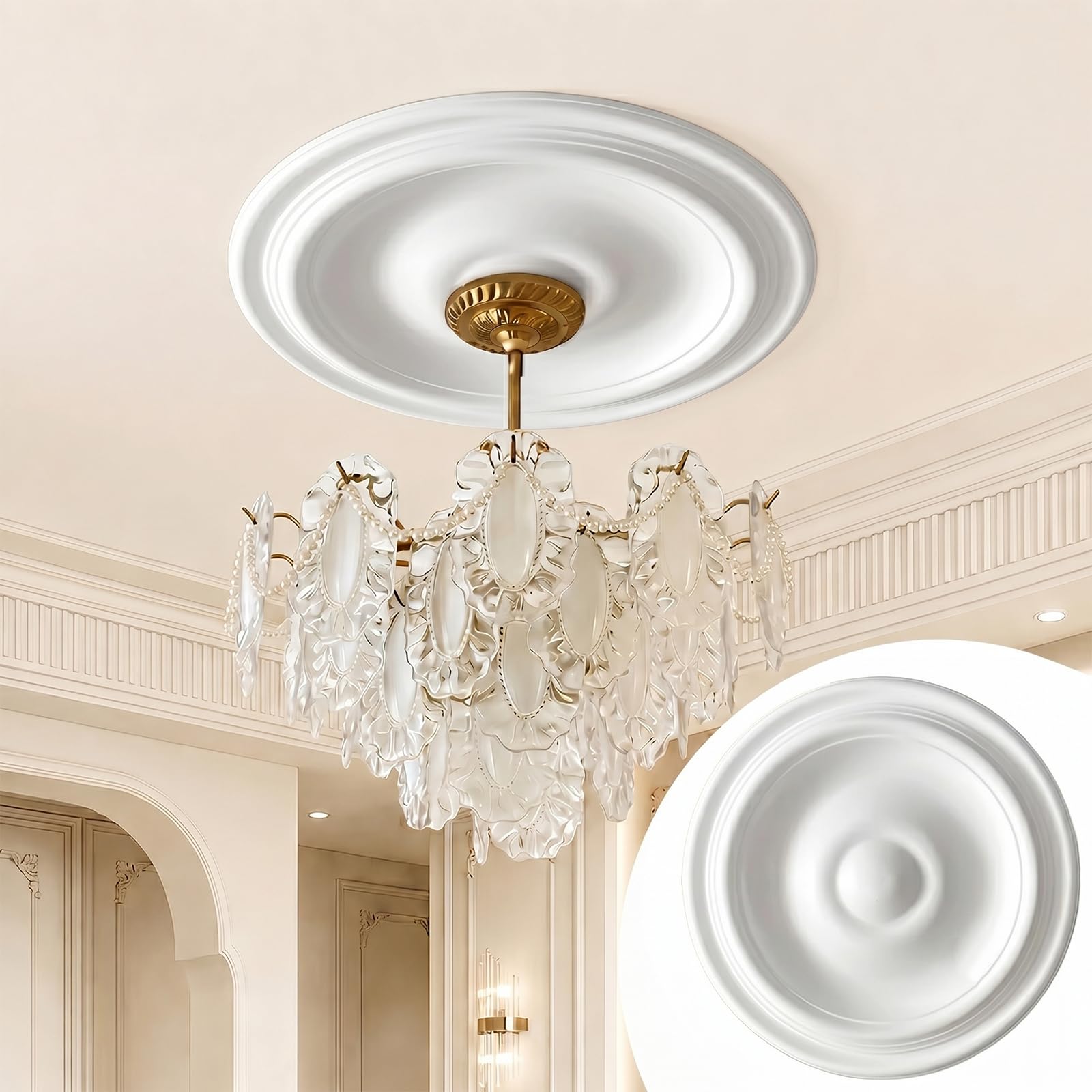 CBBEONRN PU White Ceiling Medallion Round Home for Light Fixtures And Ceiling Fans White,24.5cm OD x 5cm ID