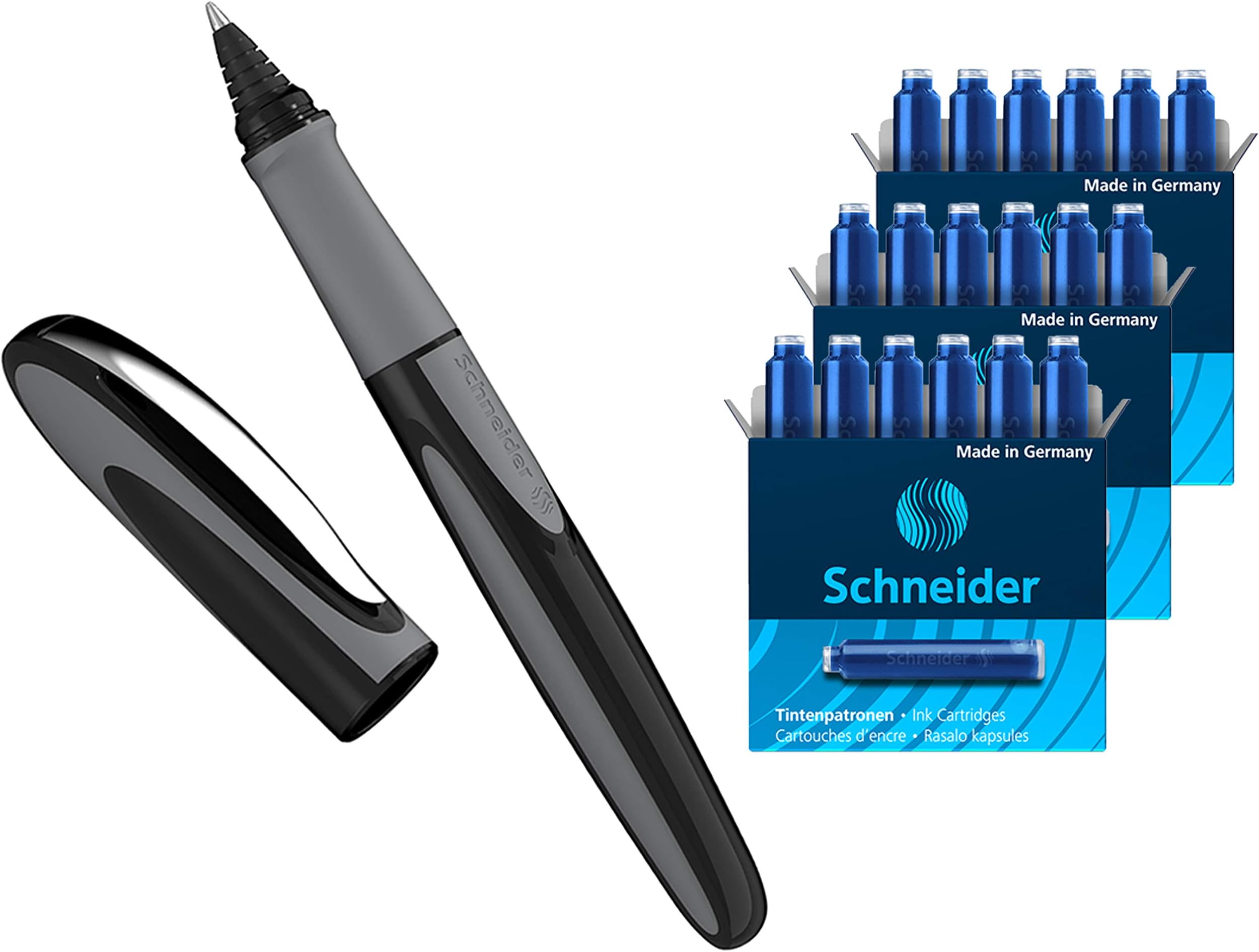 Ray Rollerball Pen (Refillable with Standard Ink Cartridges, Suitable for Right and Left Handed) (1 Piece + 18 Extra Cartridges) Onyx