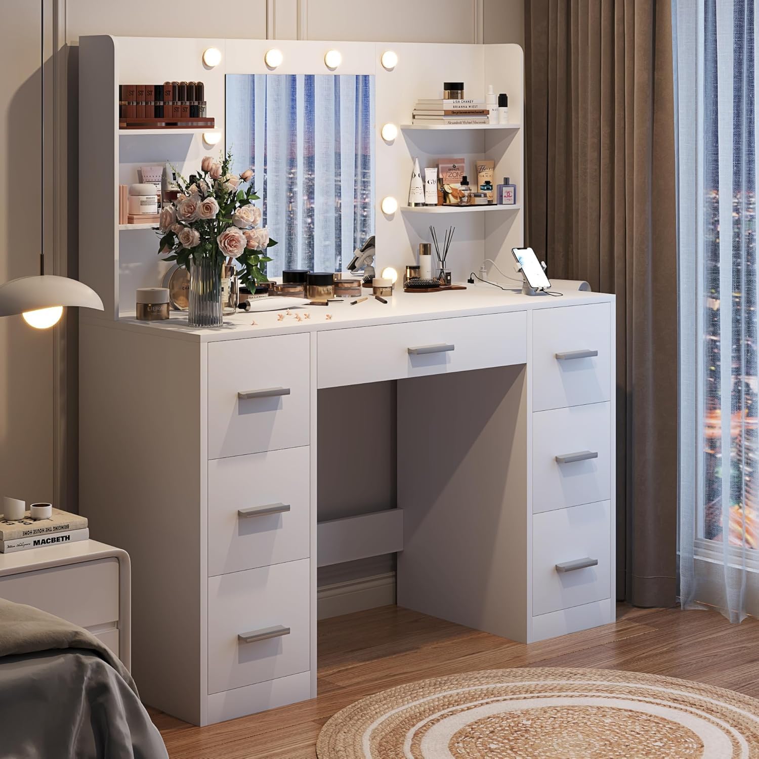 Combination Dressing Table with Mirror LED Lights and Power Outlet with 7 Drawers and 6 Storage Shelves for Bedroom White