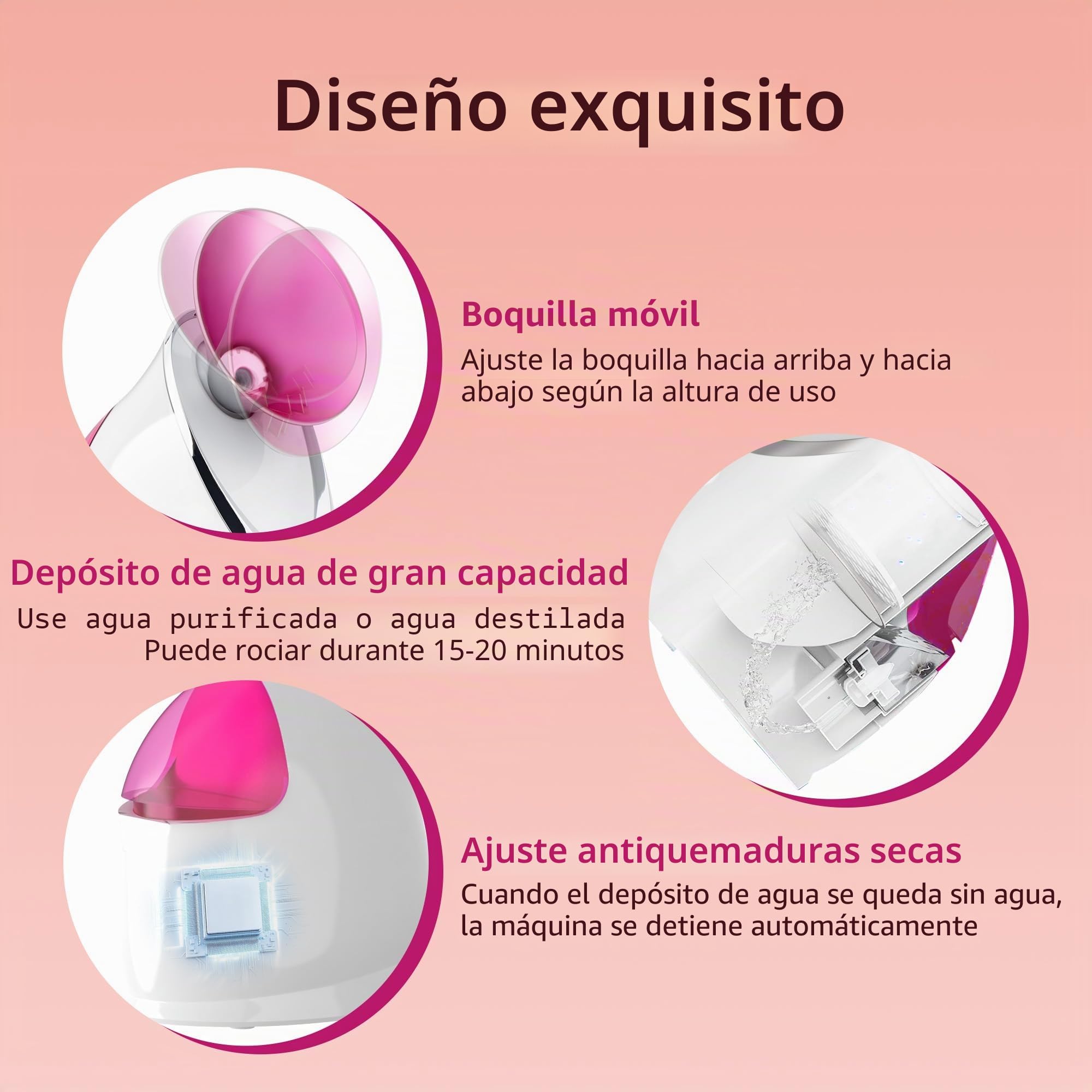 Vaporizador Facial Spray SPA Facial de Nano Iónico Hogareño, Destapar Poros, Humidificador Atomizador de Niebla Caliente, Hidratación de Rostro,1 Pack + 5 Stainless Steel Skin Kit Rosa