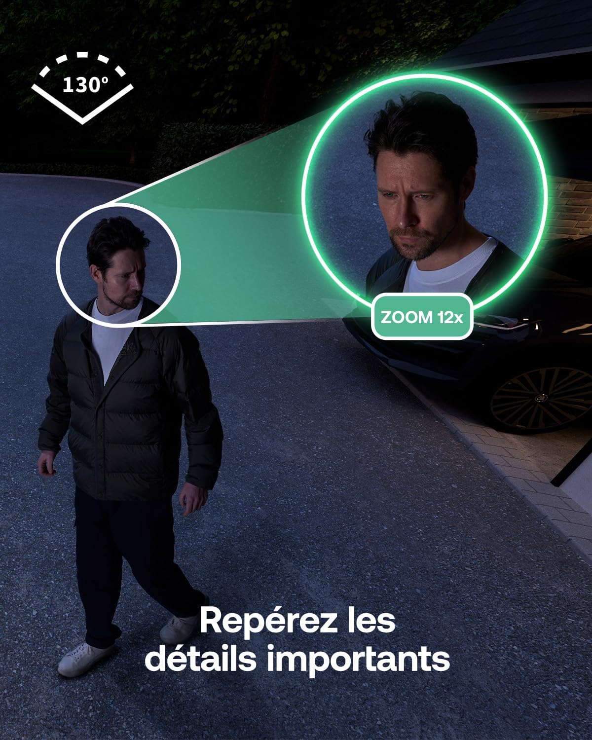 Arlo Essential 3 HD camera showing 130-degree field of view and 12x zoom