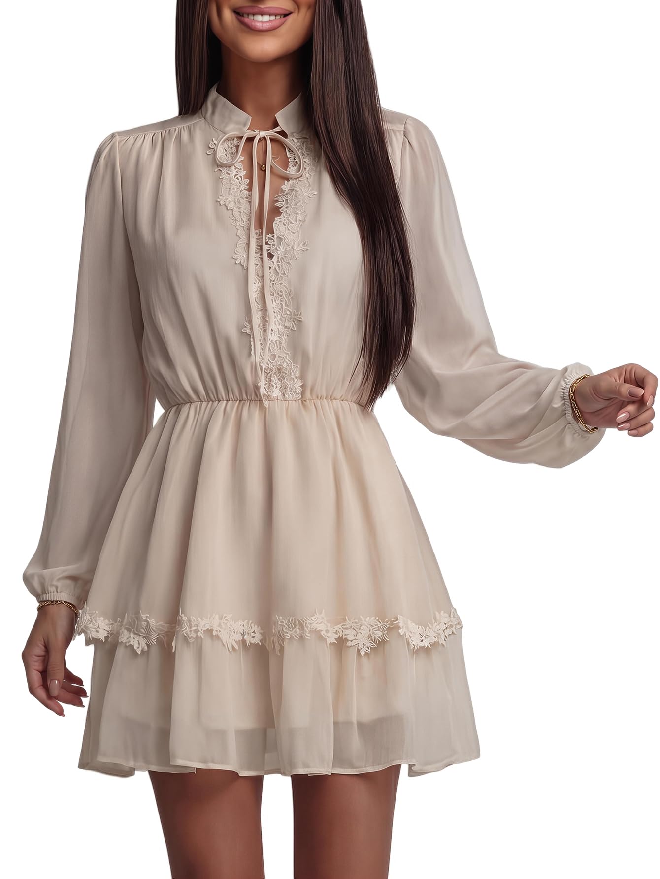 SweatyRocks Damen Elegantes Kleid Chiffon Minikleid mit Spitzen V Ausschnitt Sommerkleid Langarm Bürokleid Spitzenkleid Sommer Outfits