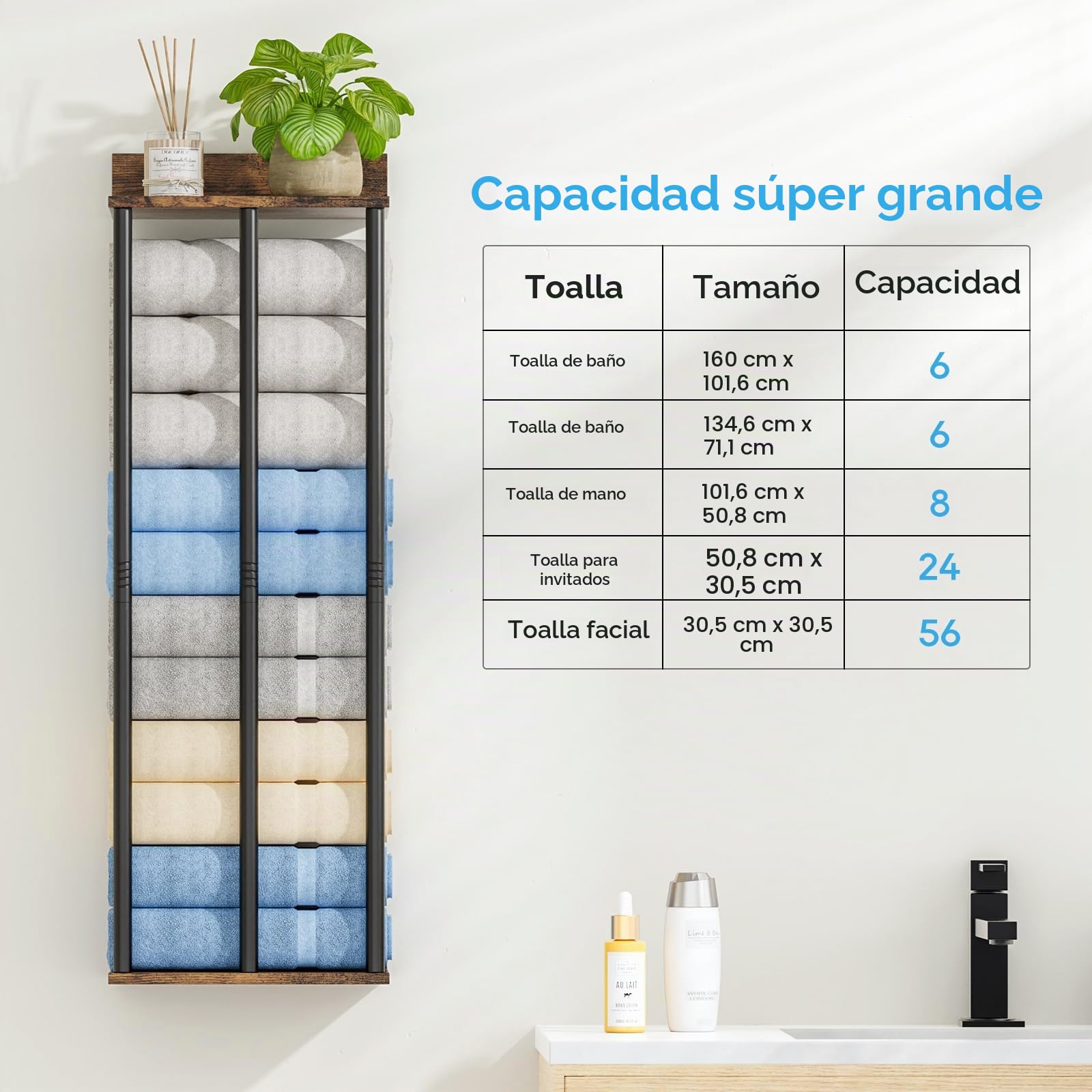 Perchas para Toallas para Baño con Montaje en Pared y Estante de Almacenamiento, Portatocas para Toallas Enrolladas, Resistente y con Gran Capacidad, Organizador de Toallas - Estilo Rústico