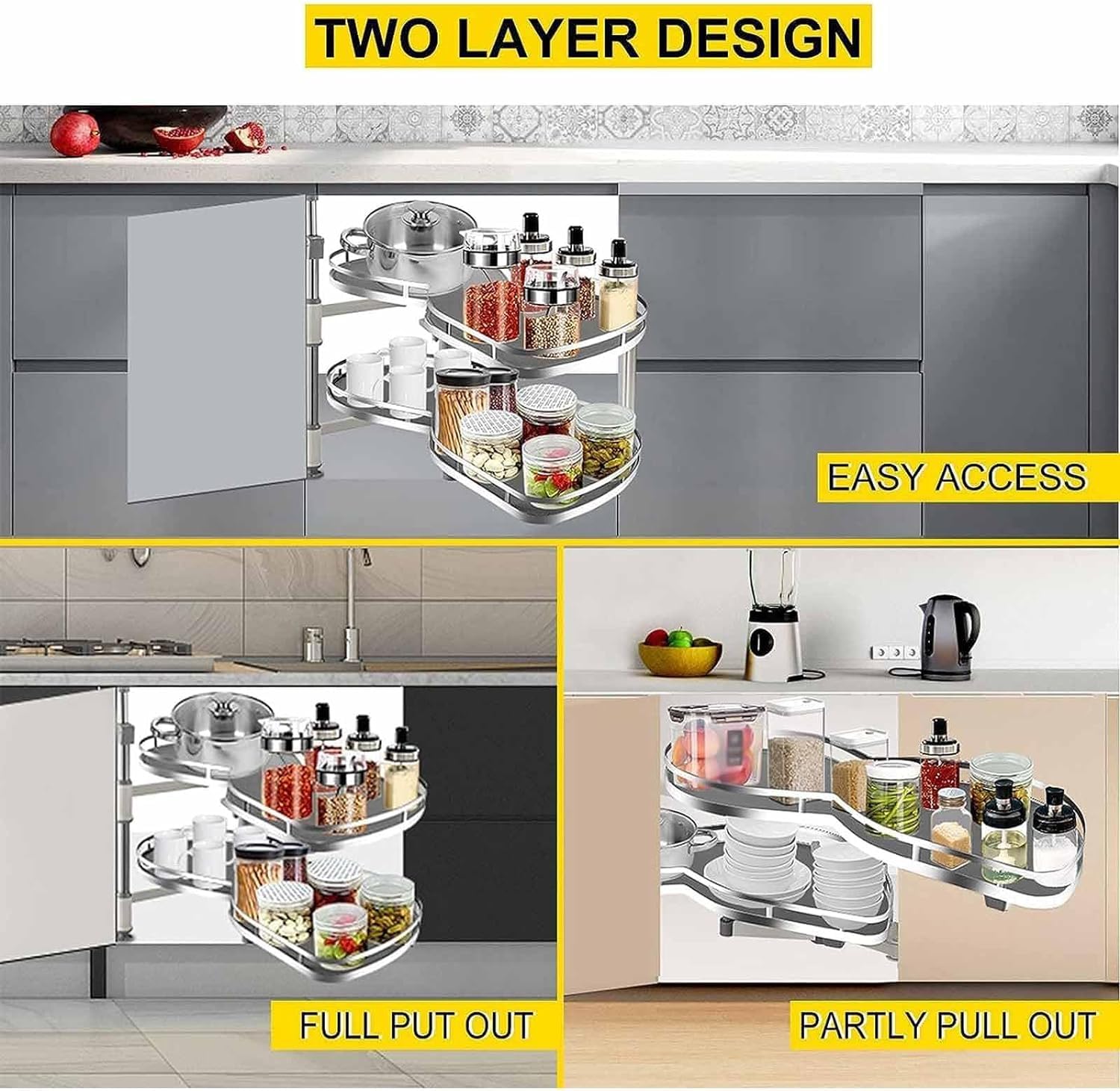 Organizer Estraibile per Angolo cieco per Mobile da Cucina, Vassoio Girevole a 2 Livelli, per Apertura a Sinistra, Organizer Estraibile per Angolo cieco per 20 mobili, per mobili da 900-1000 mm -