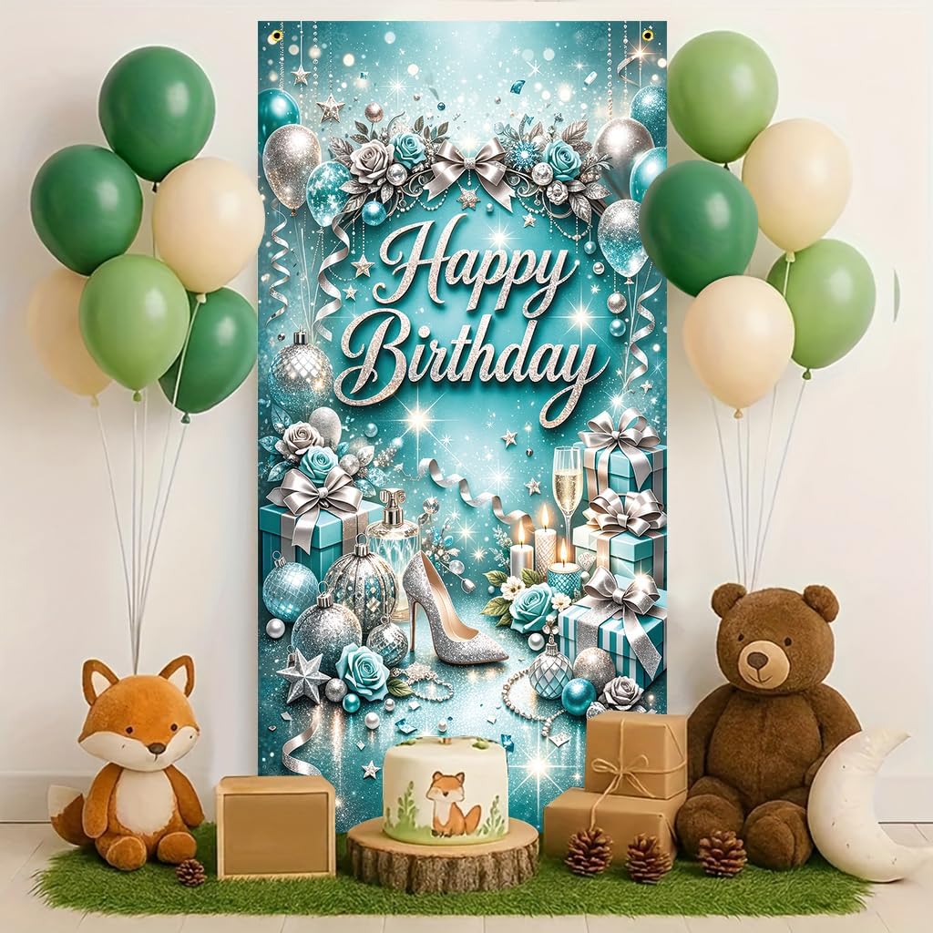 Happy Birthday Door Banner 35x71 Inch Elegant Teal Silver Birthday Door Banner with Balloons Roses Gifts Luxury Party Decoration Front Door Porch Entrance