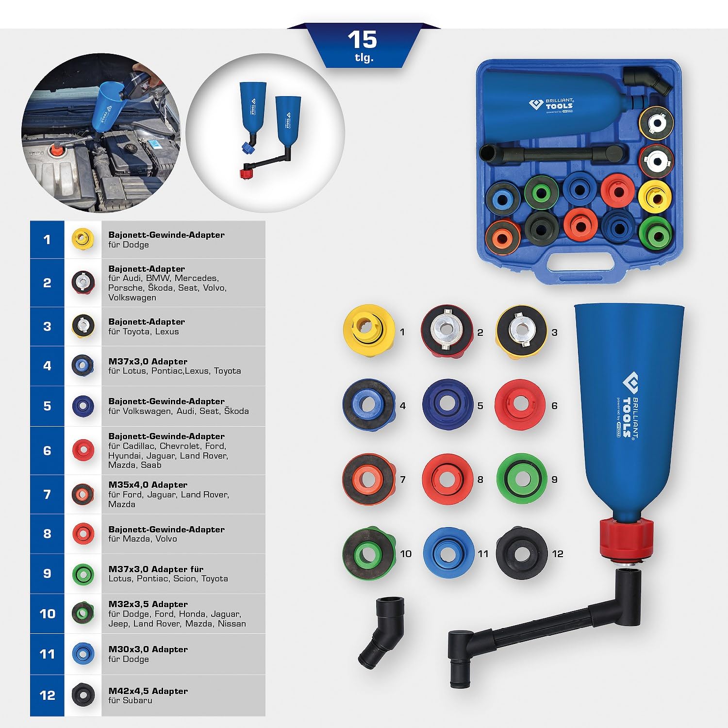 BRILLIANT TOOLS BT711110 MASTER Zestaw lejków do wlewania oleju z obrotowym ramieniem kątowym, 15-szt. [Powered by KS TOOLS]