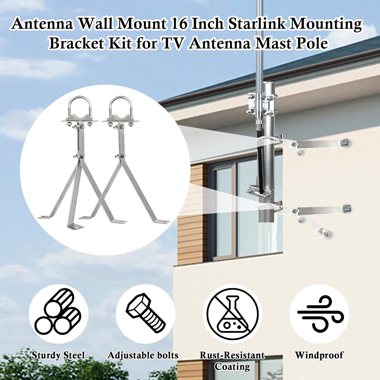 XRDS-RF Antenna Wall Mount 16 Inch Heavy-Duty Stand Off Wall Mast Mount Windproof Antenna Mounting Bracket (2-Leg + 3-Leg) - Image 7