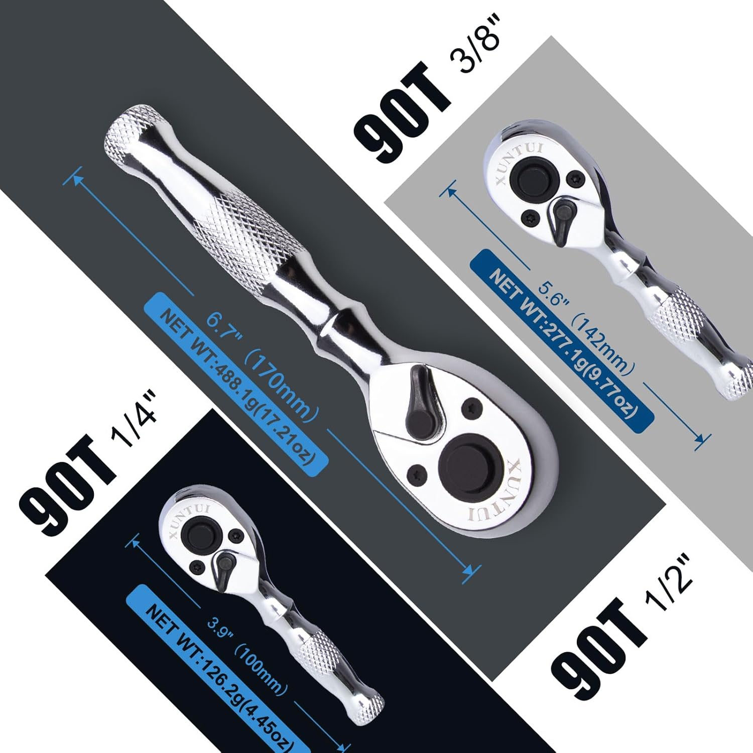 Stubby Ratchet Set 90-Tooth1/4, 3/8", 1/2" Drive Ratchet Handle Wrench Set with Extension rod, Quick-release Ratchet Wrench, Reversible, Chrome Alloy, Full Polished, for gifts