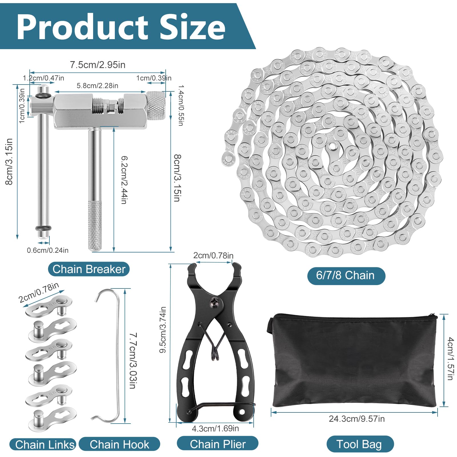 Kit Chaîne De Vélo 6/7/8 Vitesses - 116 Maillons + Casse-Chaîne + Pince - Acier Inoxydable - Réparation Facile