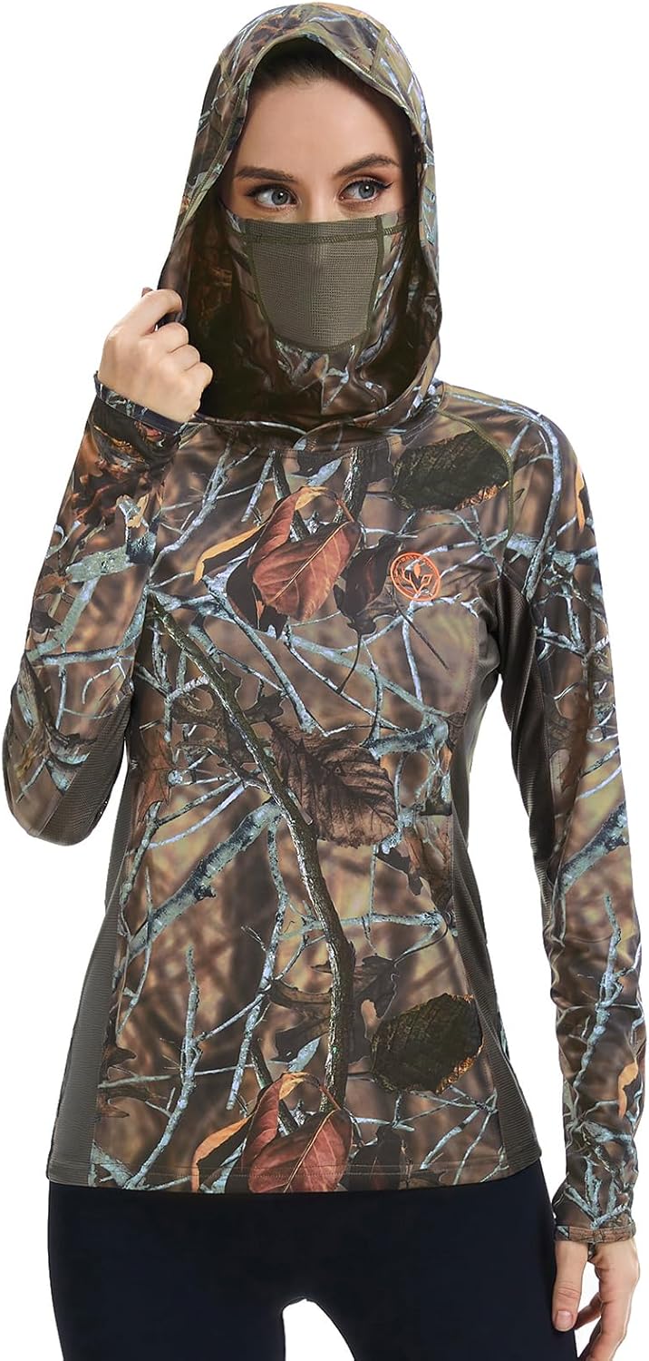 BASSDASH Women's UPF 50+ Camo Hunting Hoodie with Neck Gaiter Breathable Performance Long Sleeve Fishing Hooded Tee FS03W