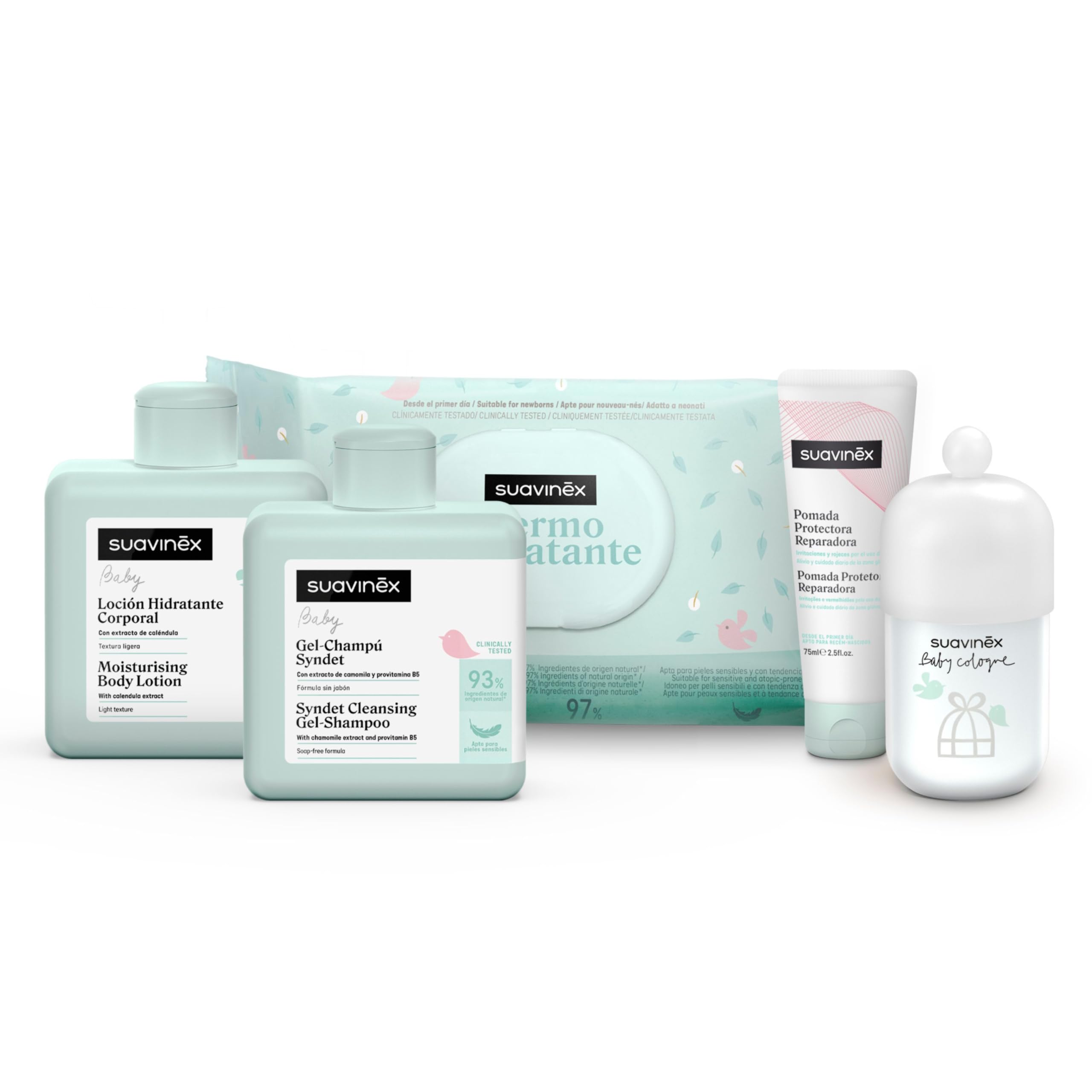 Suavinex, Bolso Carro Bebé con Cosmética: Gel Champú Syndet 300 ml + Loción Hidratante 300 ml + Pomada Pañal 50 ml + Baby Cologne 100 ml + Toallitas 60 Uds. Ideal Regalo de Recién Nacido, Azul - 3