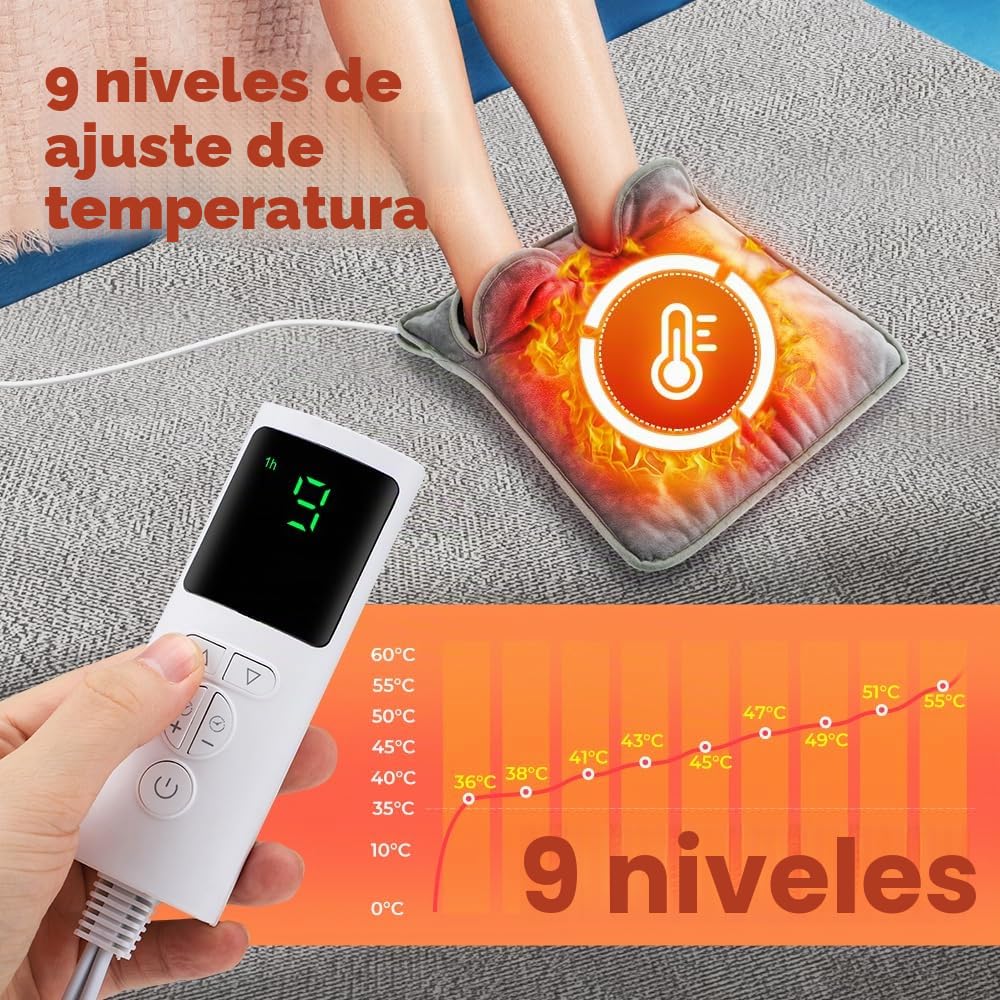 Calentador de Pies Eléctrico, Almohadilla Térmica con 9 Ajustes de Calor, 4 Temporizadores, Apagado Automático, Lavable a Máquina