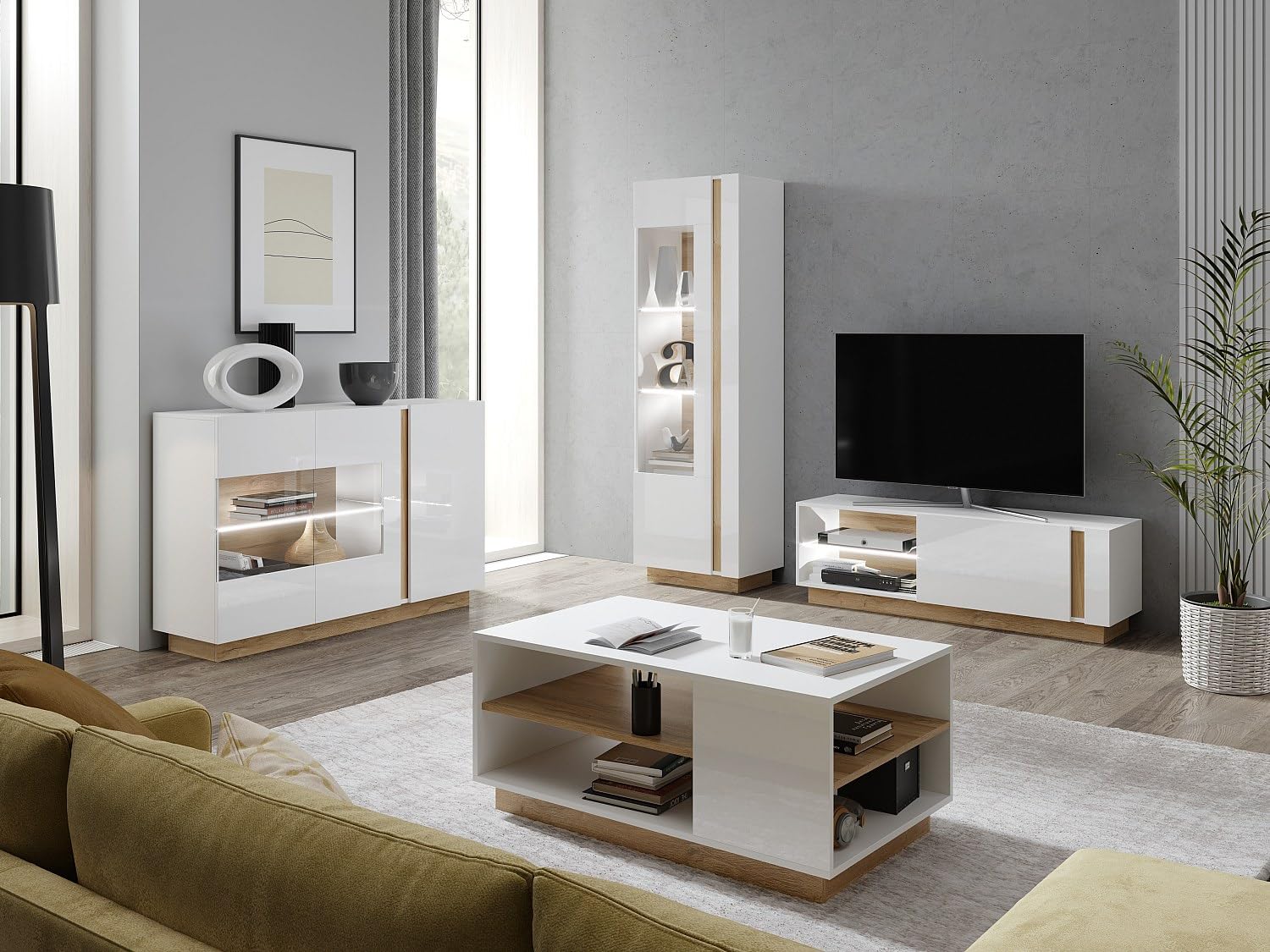 Vente-unique - Vetrina 1 anta con LED Bianco brillante e Rovere - MURARI