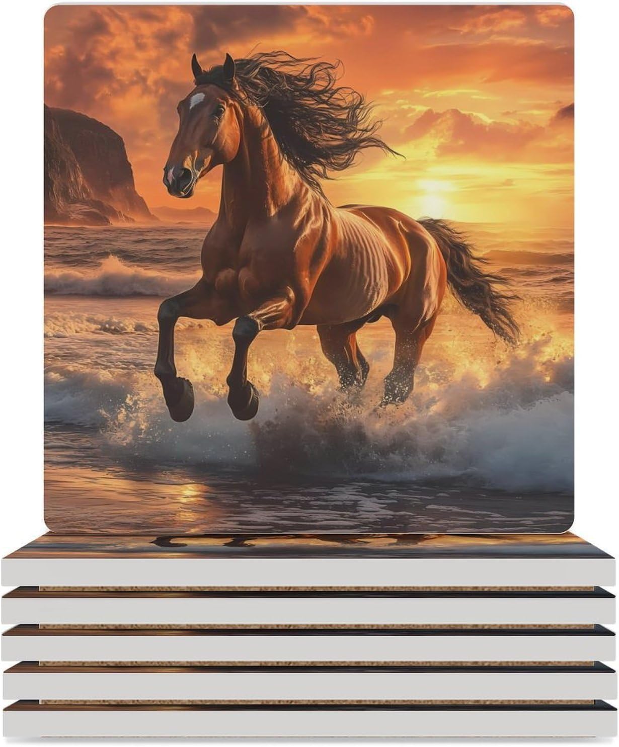 Galloping Horse Coasters for Drinks Square Ceramic Coasters Cup Mats with Cork Base
