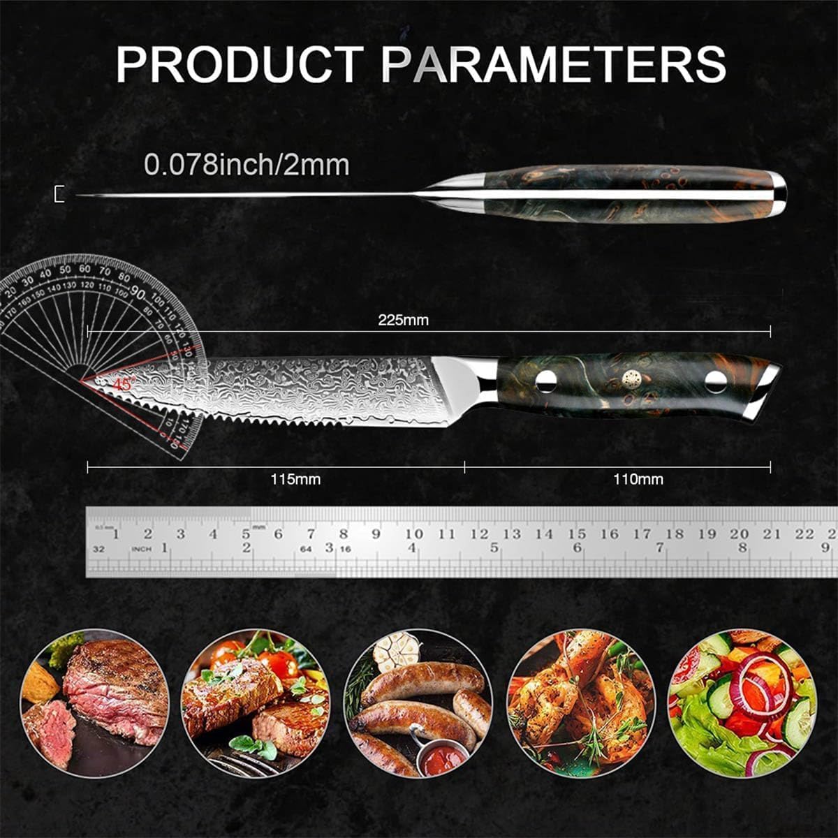 Damascus Steak Knives Set of 6 Damascus VG-10 Stainless Steel Steak Knife Set, Chef's Meat Cutting Knife Set, Razor Sharp Serrated Stainless Steel & Resin Handle
