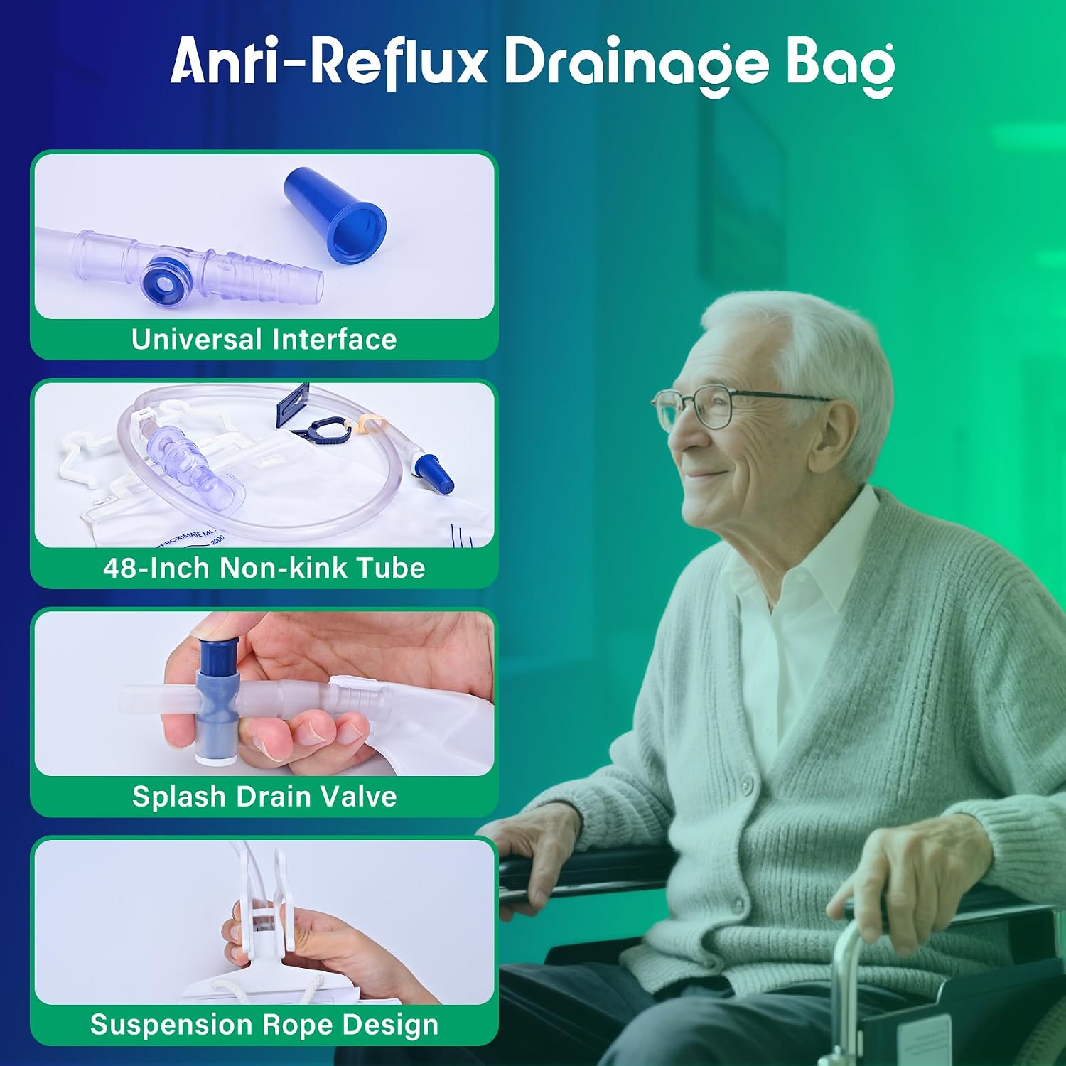 Urinary Drainage Bag 4000ml Urine Catheters Bags with Anti-Reflux Chamber | 5 Pack Bedside Urine Bag with Enhanced Anti-Reflux Drip Chamber, 48” Thickened Drainage Tube, Adjustable Clips, Hanging Hook
