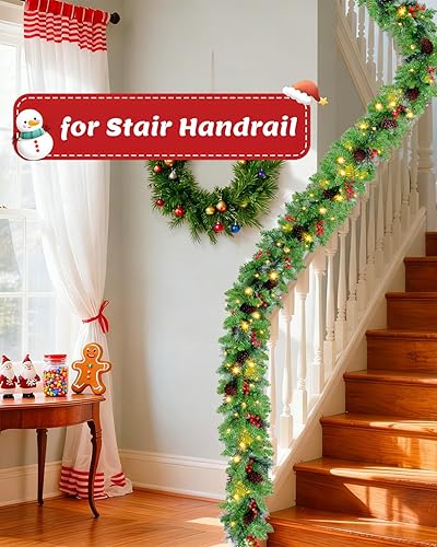 Miniatura 7 de Guirnalda de Navidad de 9 pies con nieve, piñas, bayas rojas, 50 luces LED blancas suaves con temporizador, decoración artificial de vacaciones para