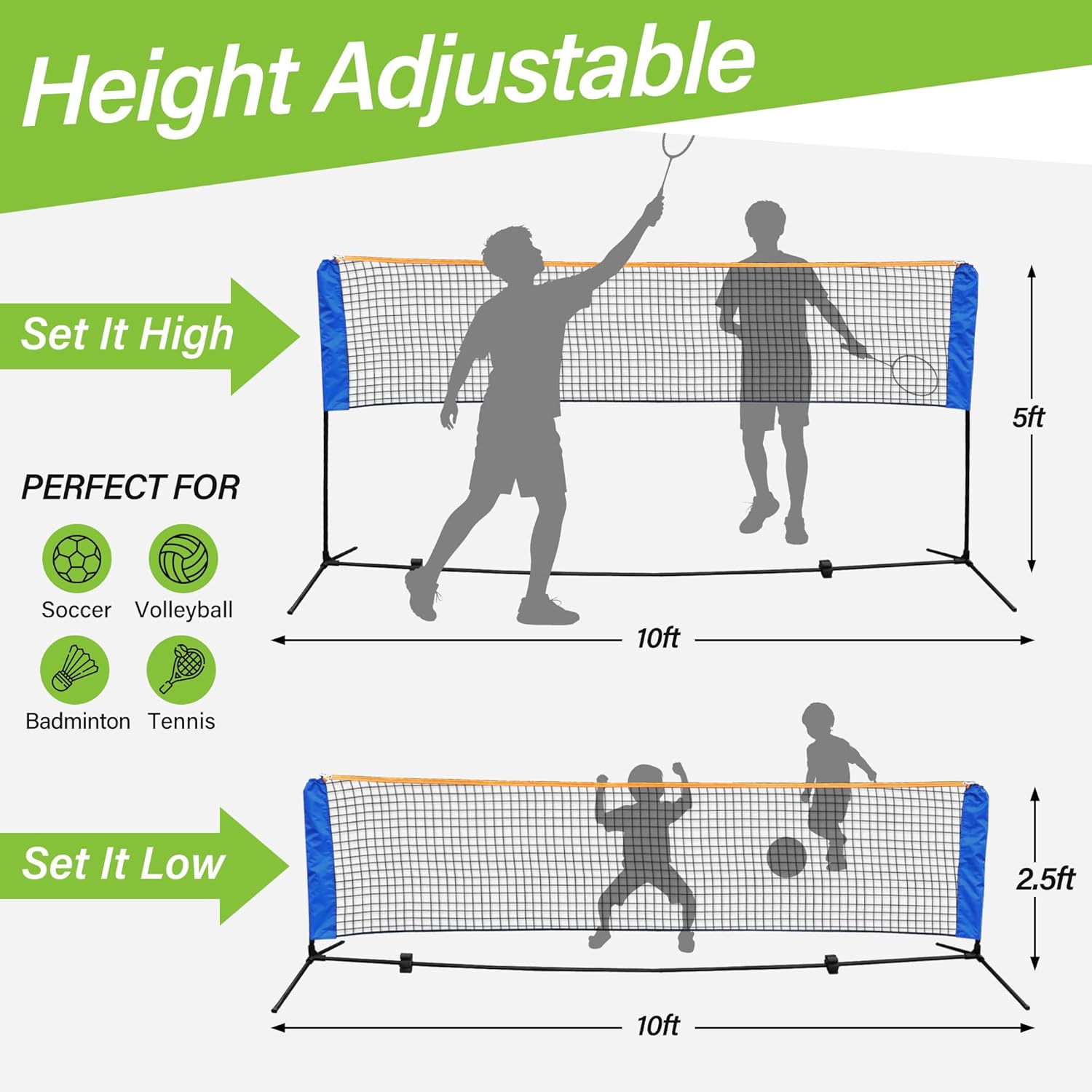 Adjustable Height Portable Badminton Net, Competition Multi Sports Indoor Outdoor Net for Kids Volleyball, Pickleball, Soccer Tennis, Lawn Tennis, Easy Setup for Backyard, Beach, Carry Bag Included