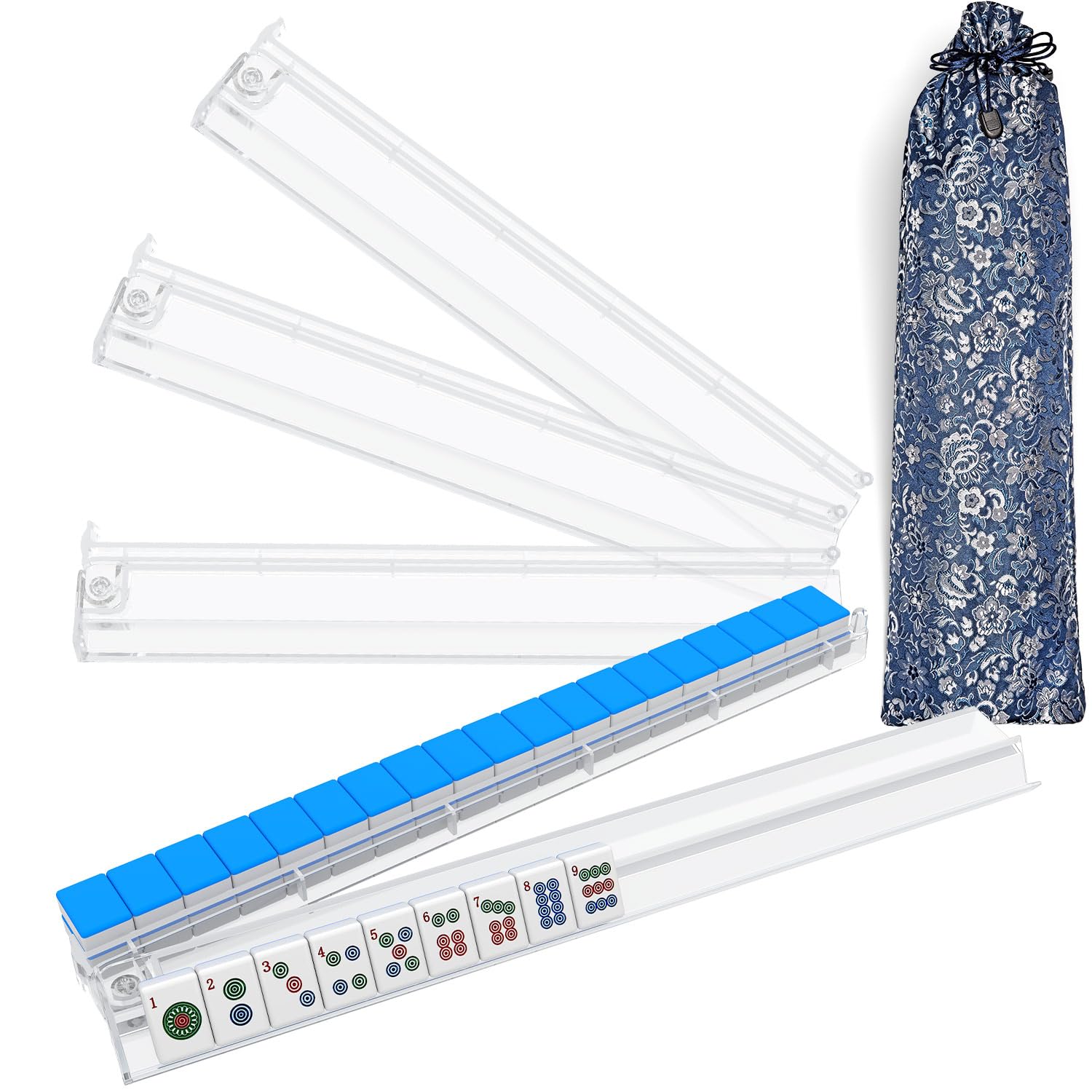 Mahjong Racks with Pushers and Bag - Set of 4 Clear Acrylic Tile Holders for American Mahjongg, Mahjong Accessories and Storage Bag, Transparent Mahjong Racks (Clear)