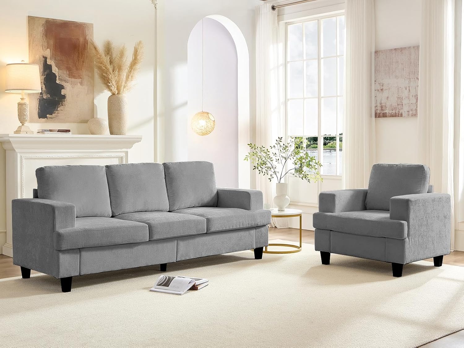 Mjkone 2 Pieces Living Room Sofa Sets, 82" Width 3 Seater Sofas Couch and Chair Set, Sofas Couches Living Room Furniture Sets, Sectional Couch Set for Home Office, 3-Seater Sofa + Armchair, Light Grey